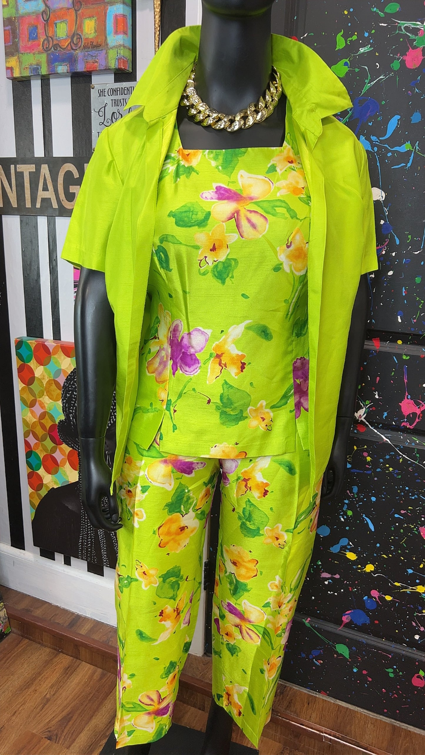 Vintage Green & Floral 3 Piece Pants Set (18W)