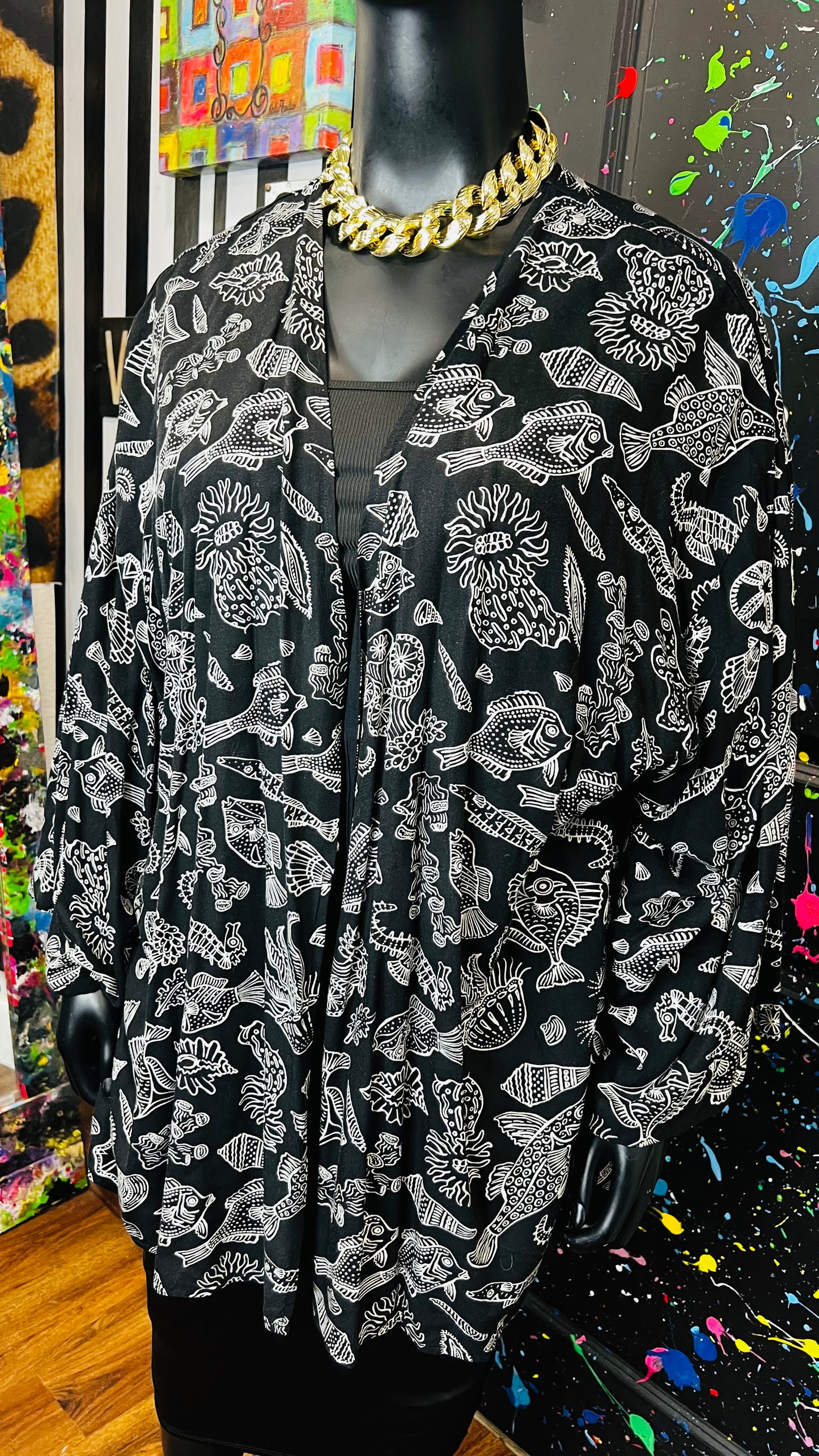 Vintage Fish Black & White Rayon Duster (OS)
