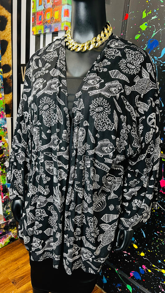 Vintage Fish Black & White Rayon Duster (OS)