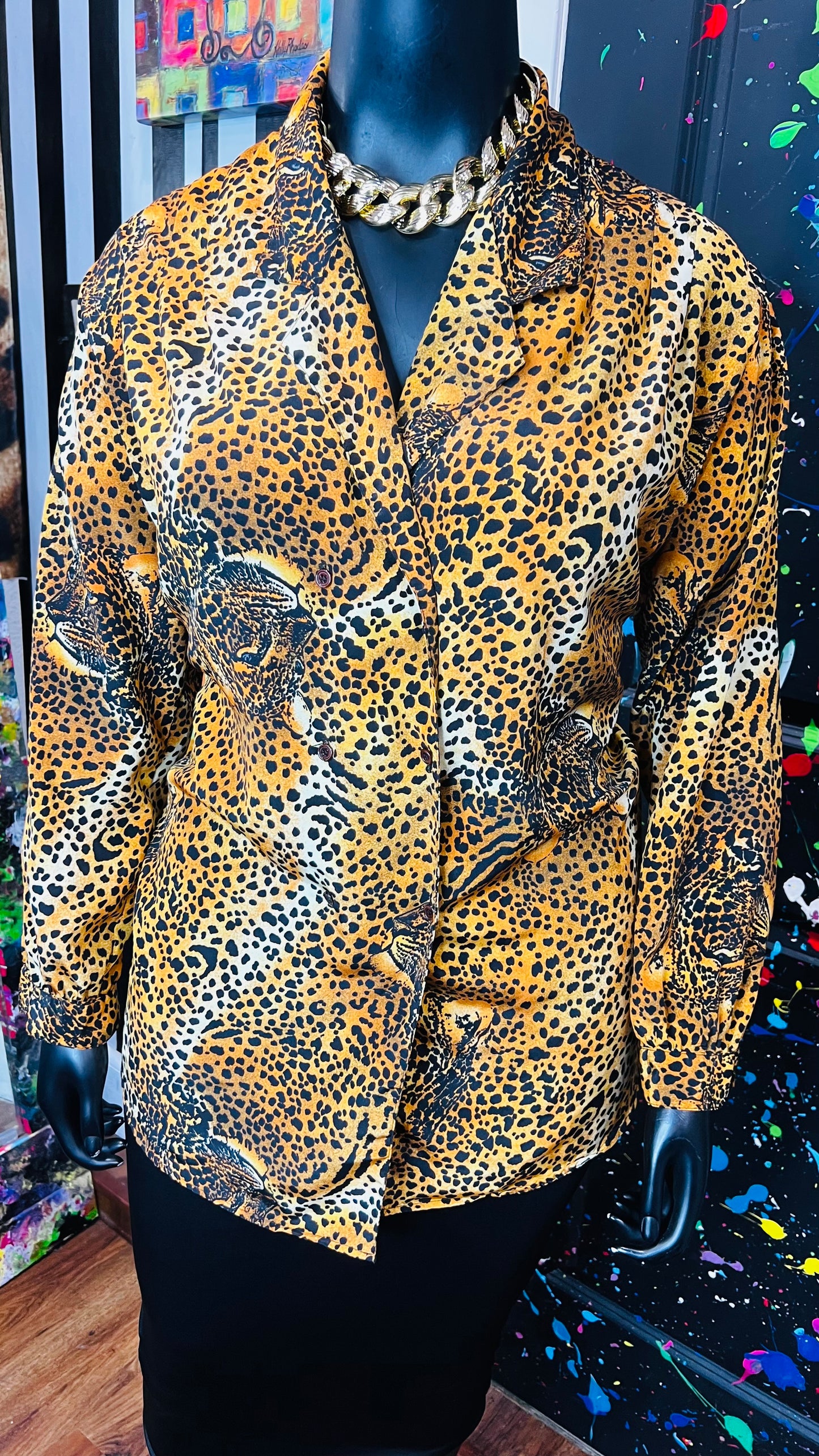 Vintage Dounle Breasted Leopard Print Blouse