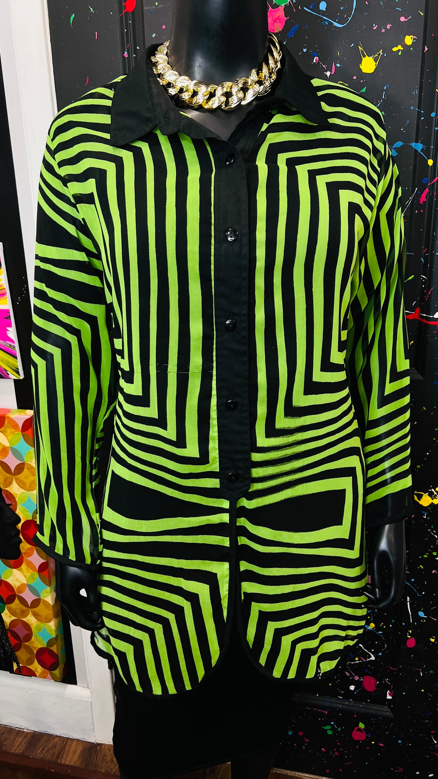 Vintage Green & Black Flowy Blouse/Swimsuit Cover (18)