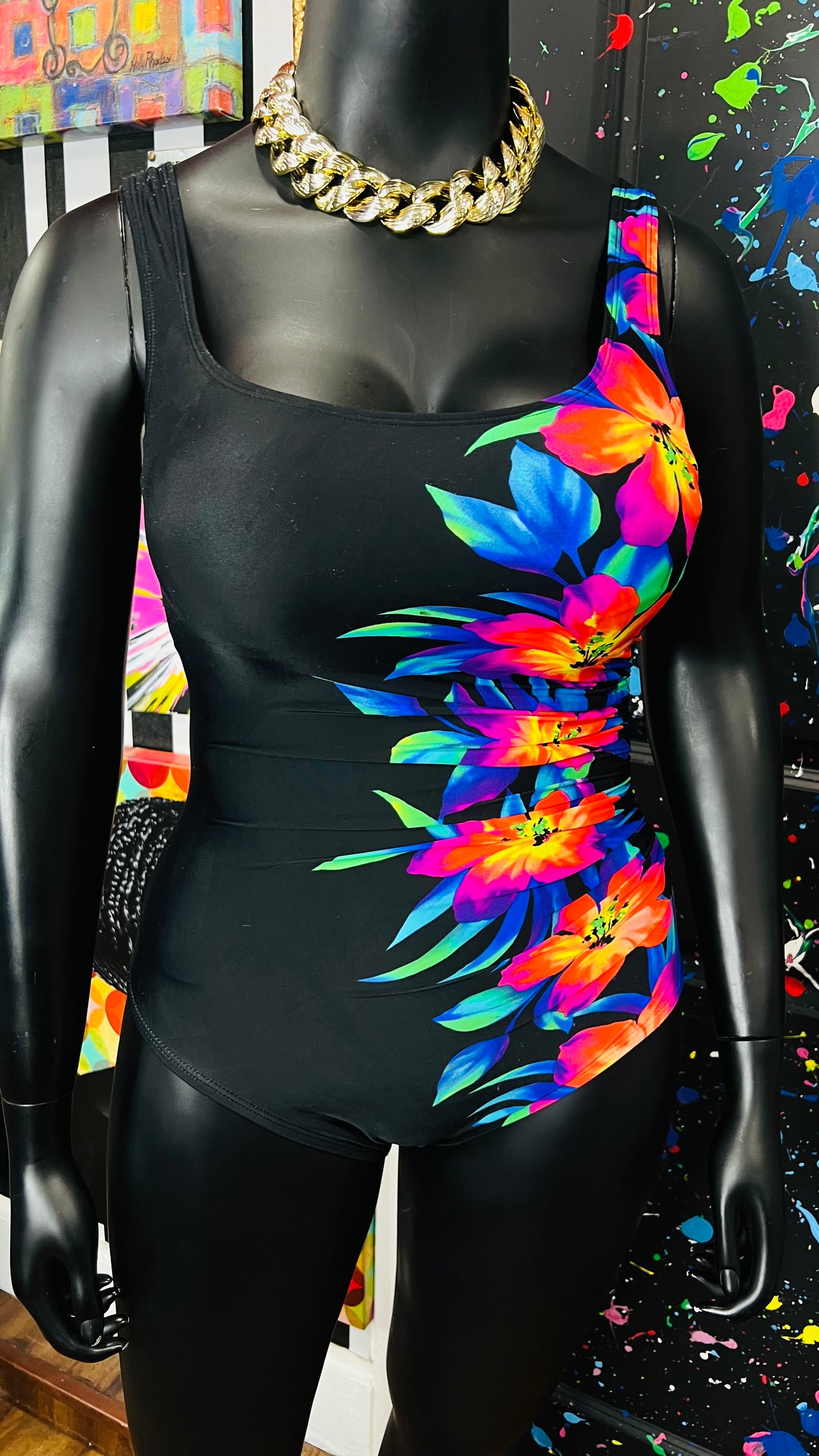 Vintage Floral Neon & Black Swimsuit (12)