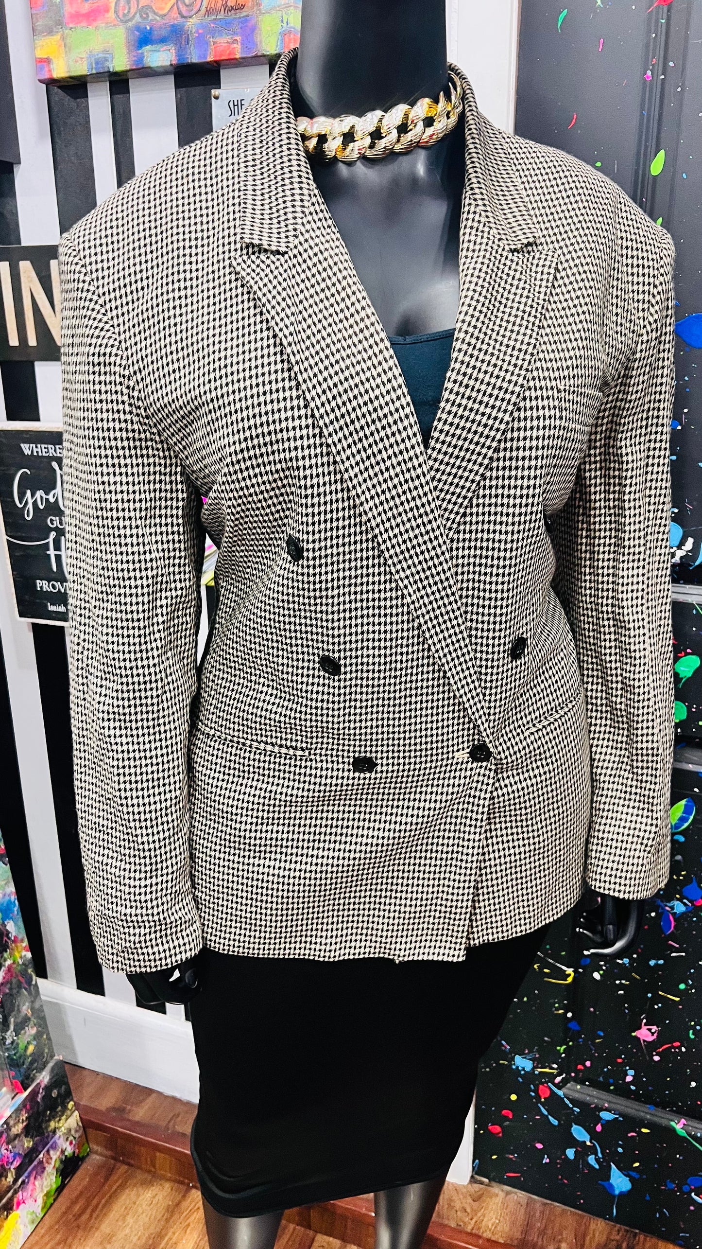 Vintage Black & Cream Houndstooth Blazer (18)