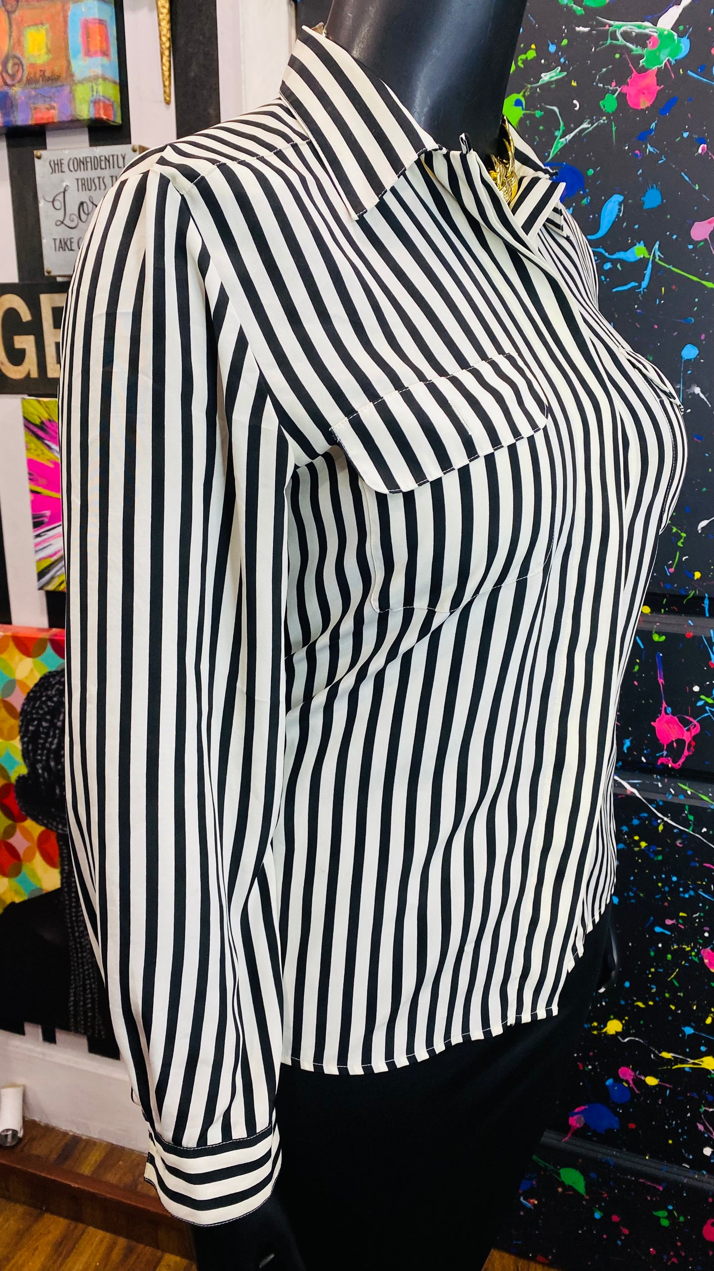 Vintage Black & White Striped Blouse (12)