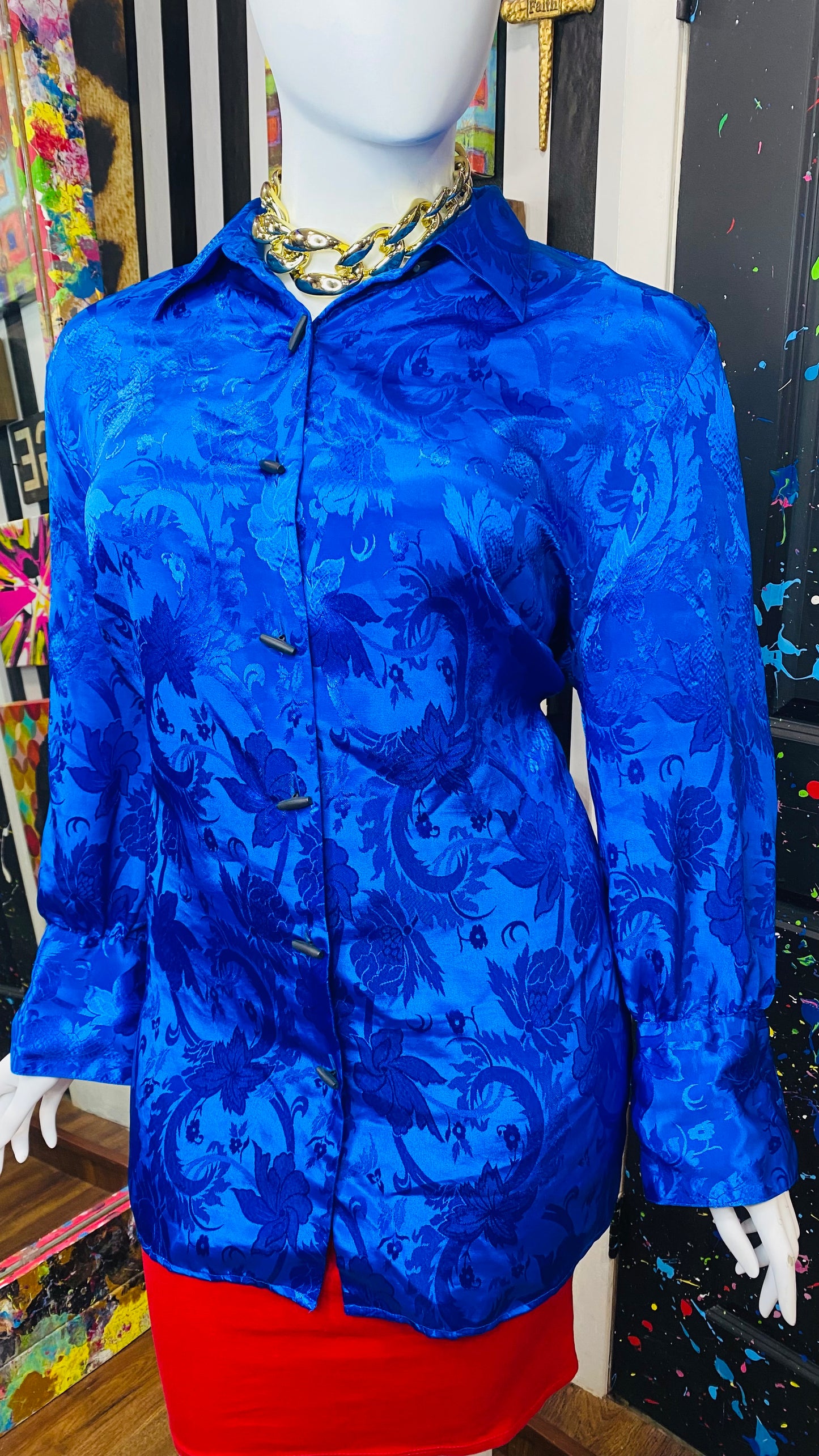 Vintage Solid Blue Paisley Print Blouse (26W)