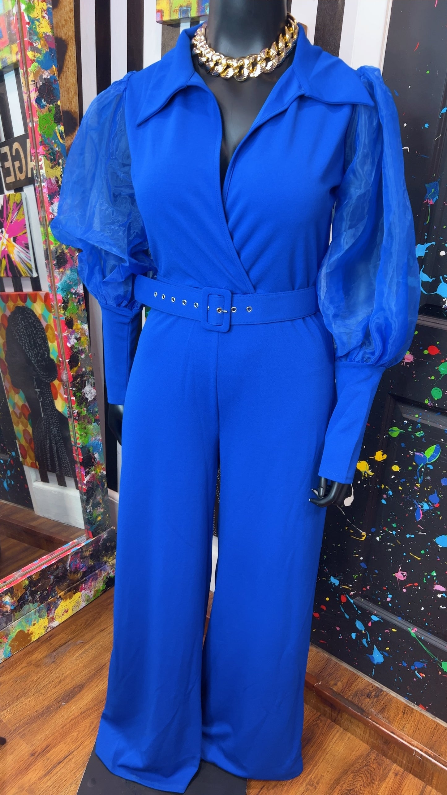 Cobalt Blue Sheer Arms Jumpsuit -New w/ Tags (14/16)