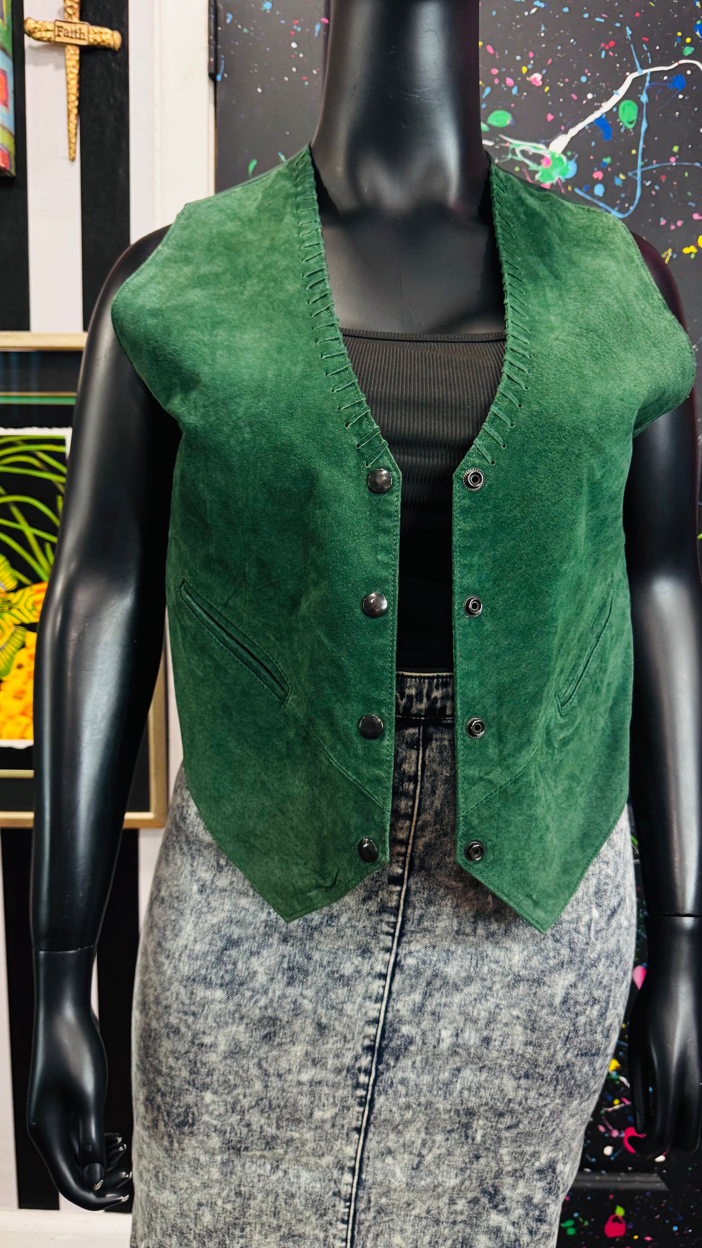 Vintage Genuine Leather Suede Green Vest (14)