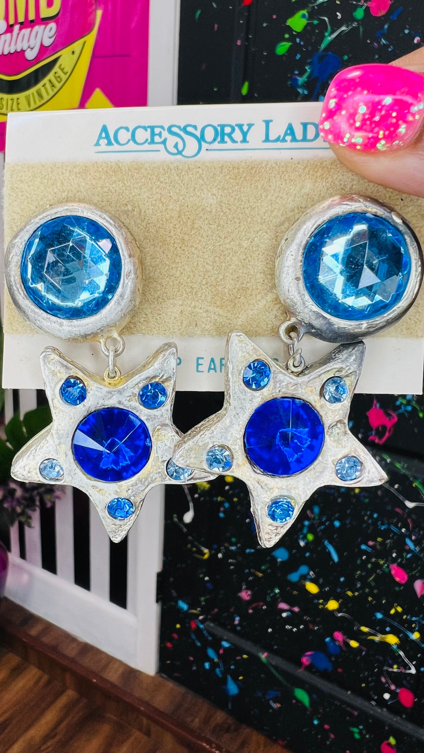 Vintage Handmade Blue Star & Jewel (Metal) Clip On Earrings