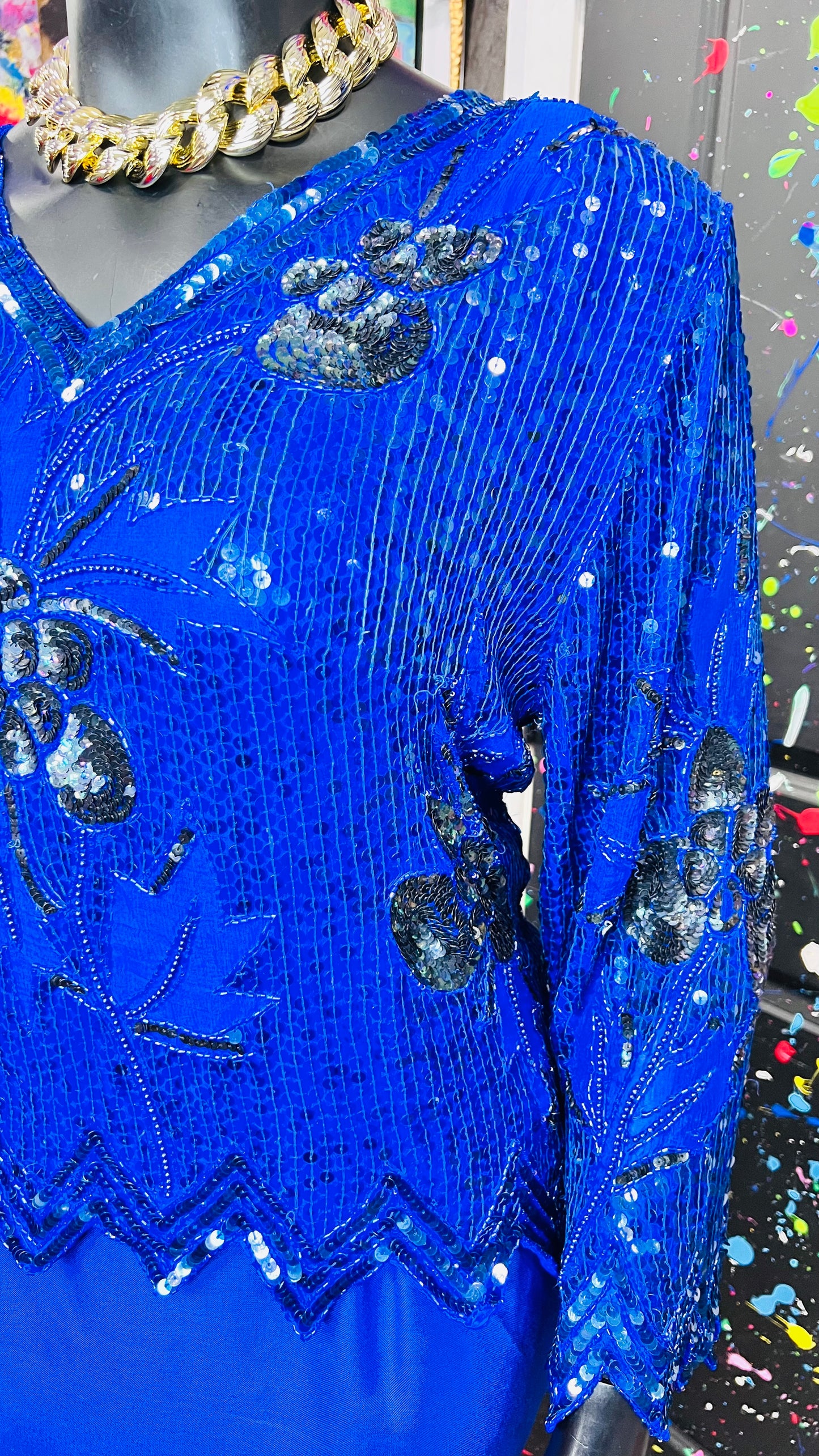 Vintage Blue & Black 100% Silk Sequin Blouse - Deadstock New w/Tags (18)
