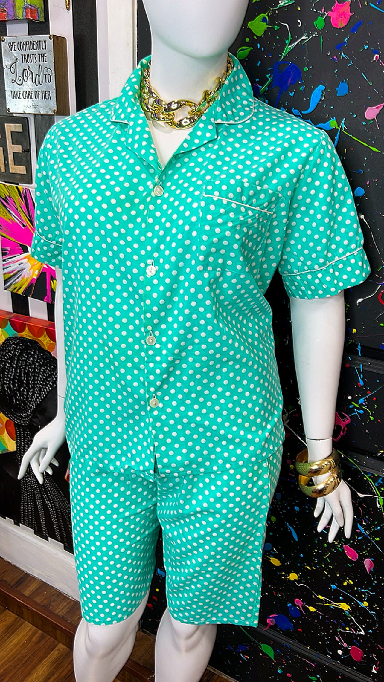 Vintage Teal & White Polka Dot Short Set (22)