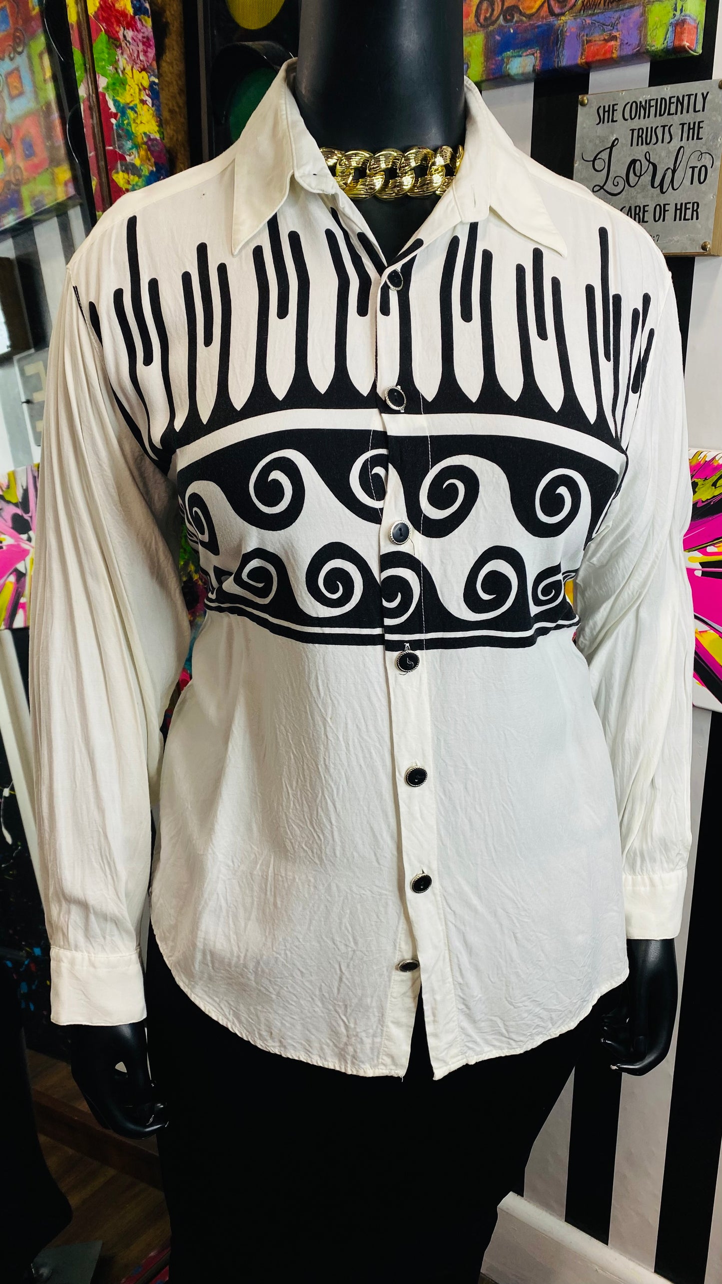 Vintage Rayon Black & White Blouse (16)