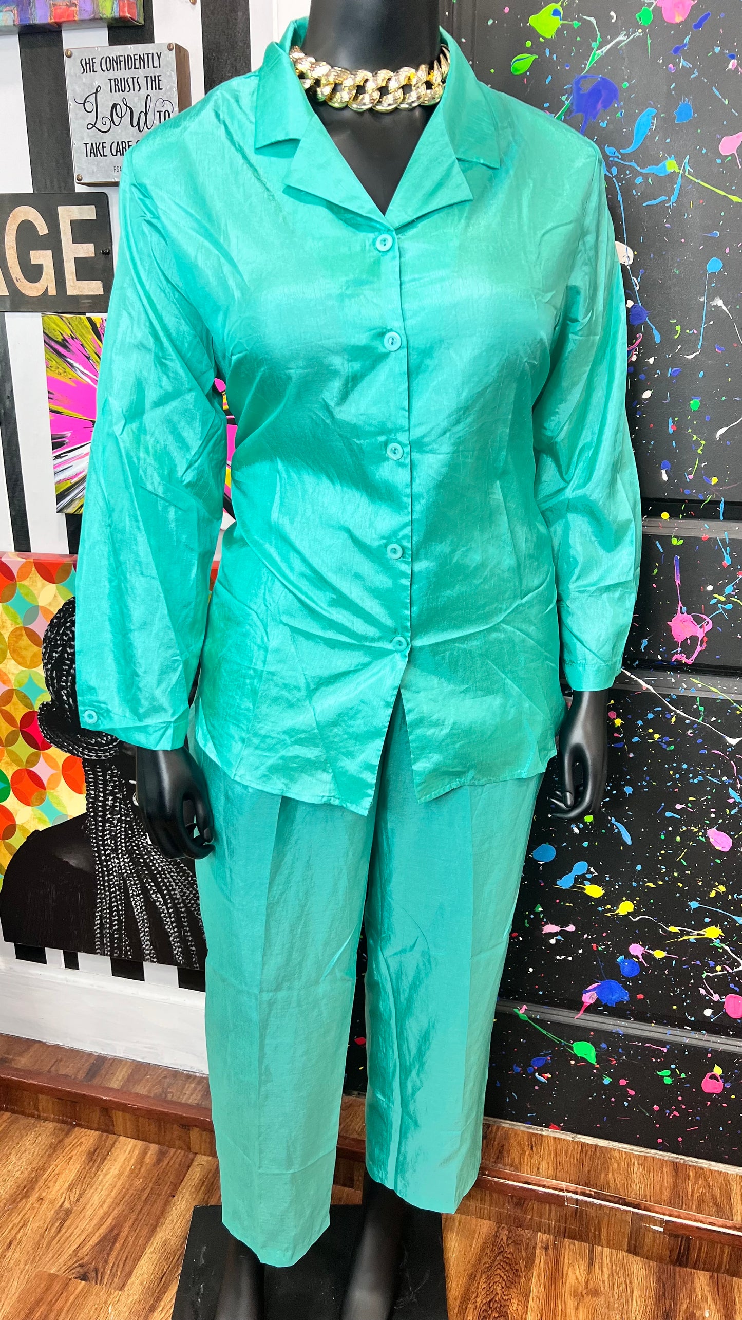 Vintage Teal Polyester Light Weight Pants Set (16/18)