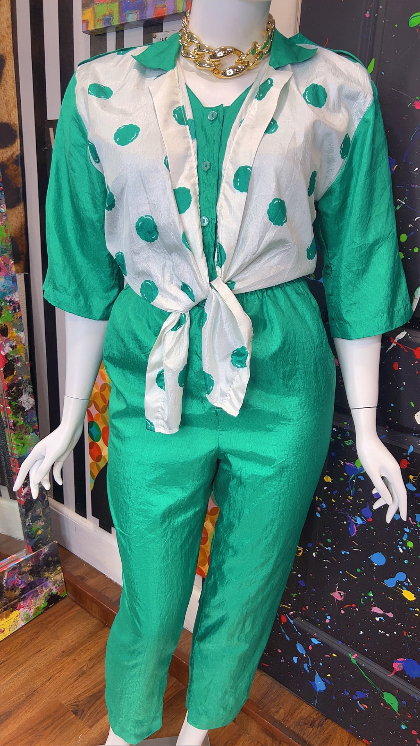 Vintage Green Jumpsuit w/ White & Green Polka Dots (14W)