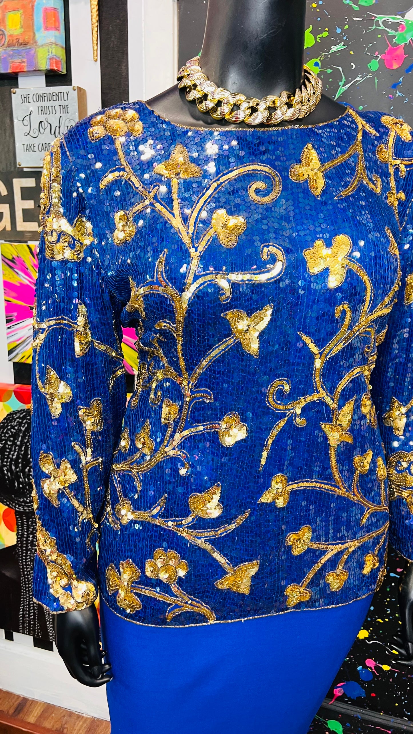 Vintage Blue & Gold Sequin Blouse (14)