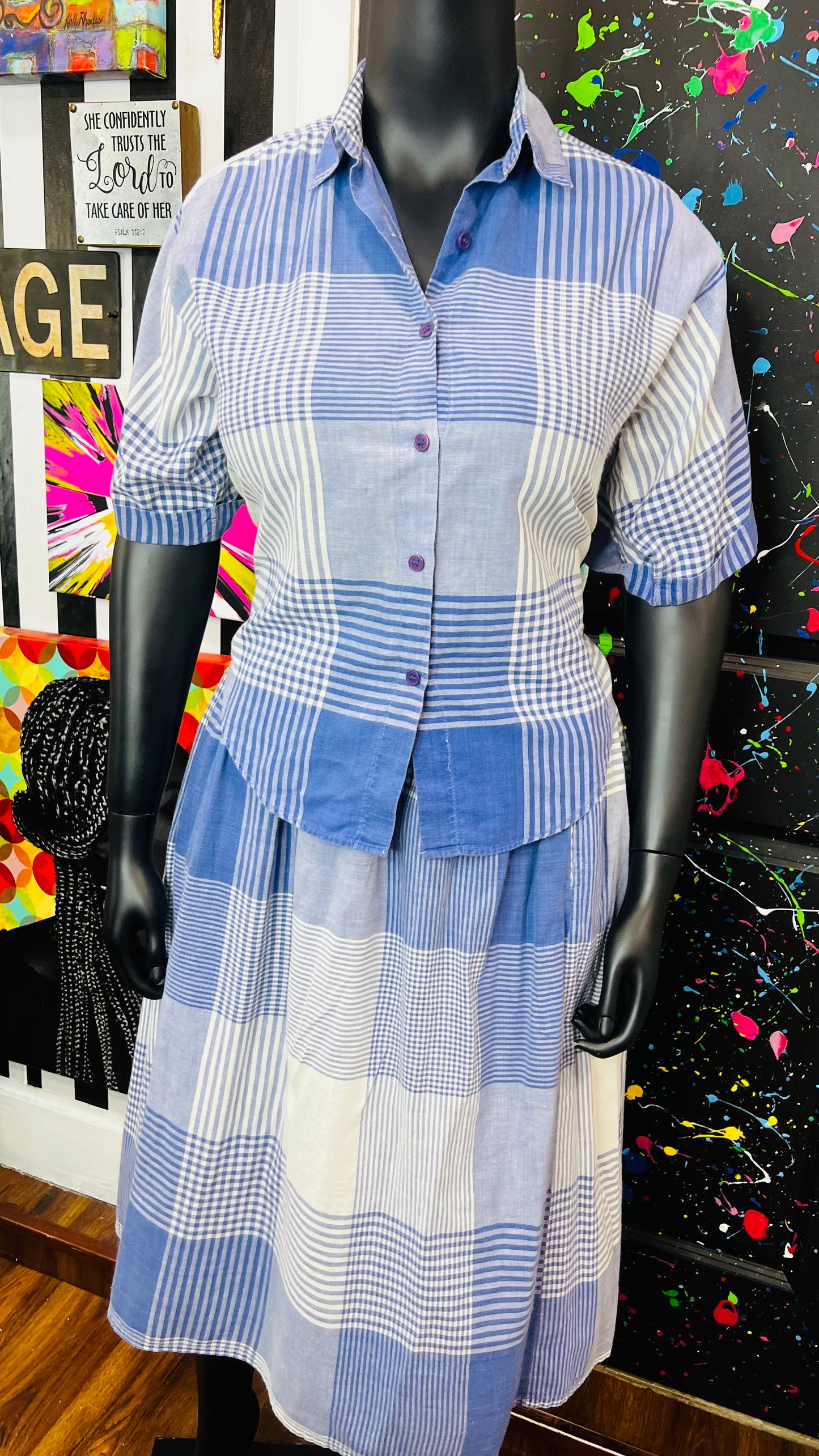 Vintage Plaid Blue & Cotton White Skirt Set (14)