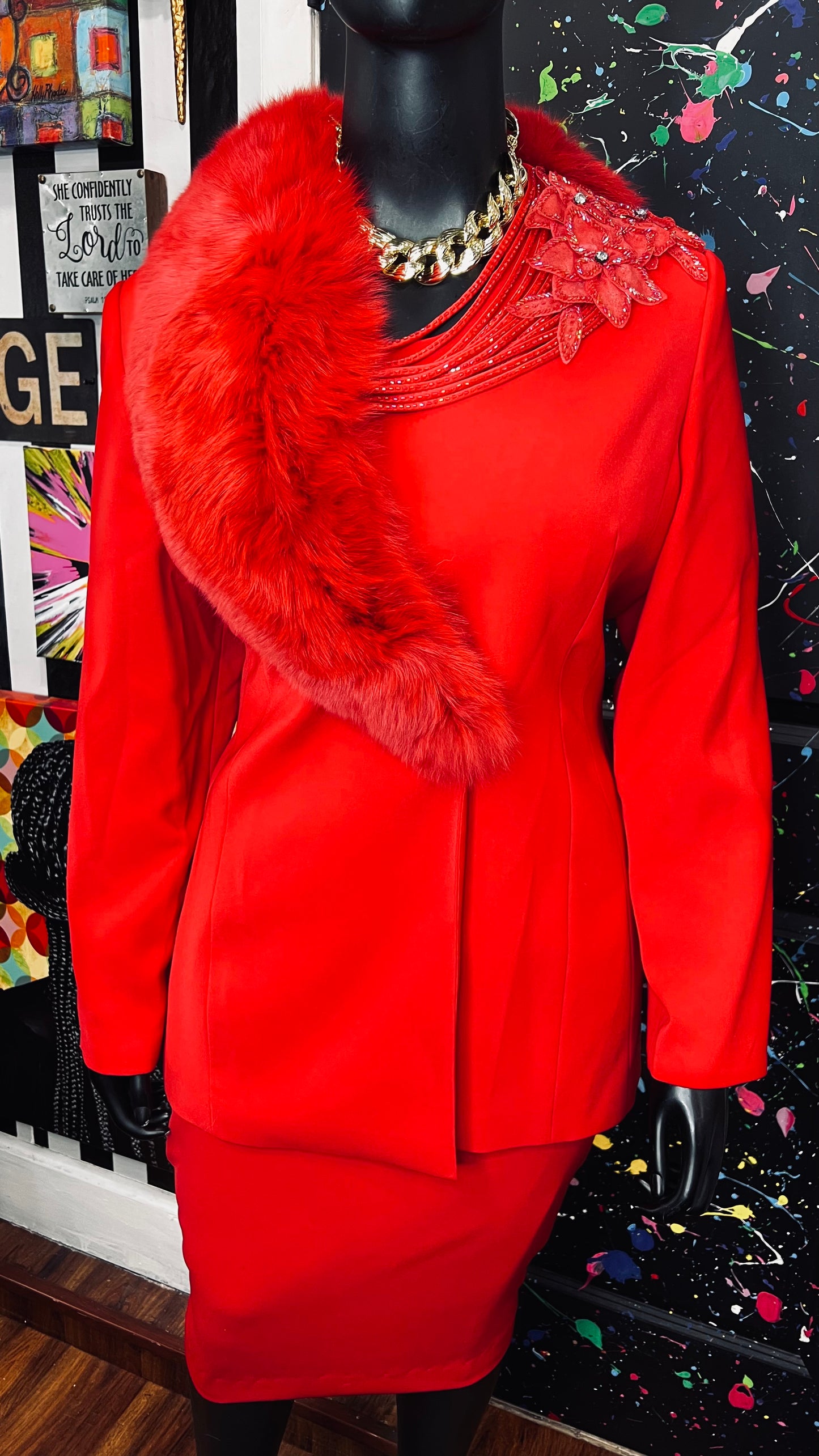 Vintage Couture Red Faux Fur Skirt Suit (20)