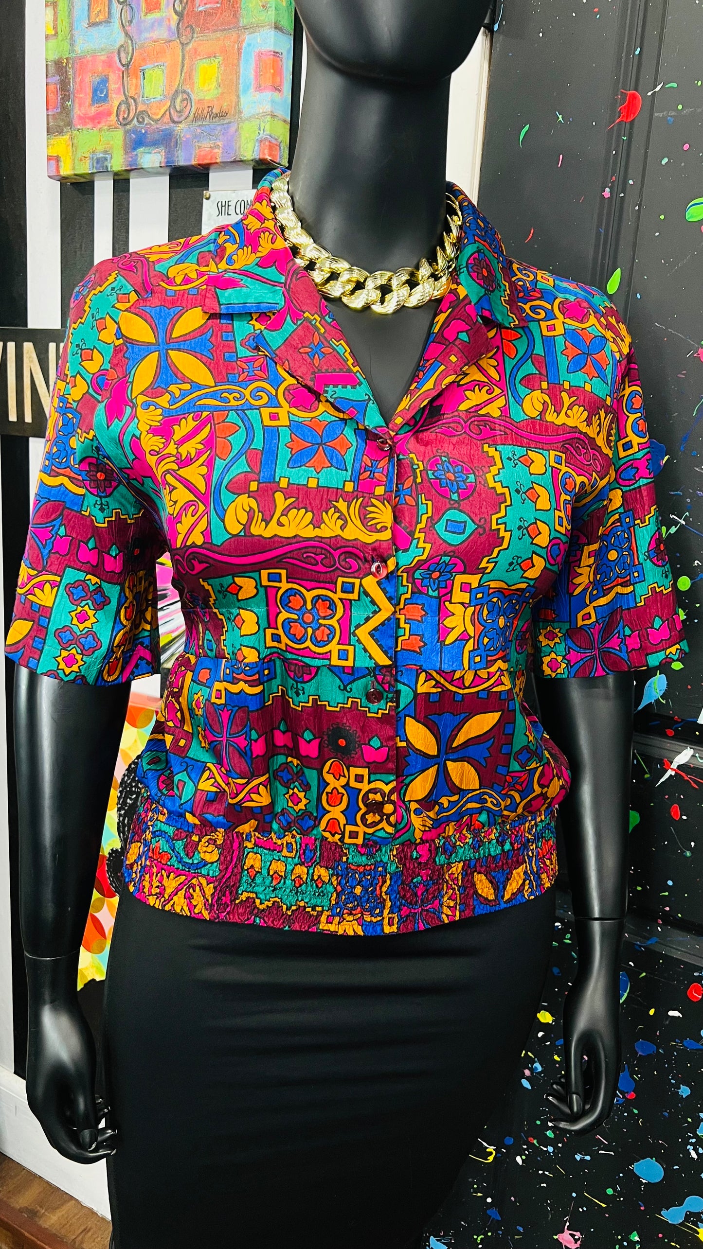 Vintage Abstact Elastic Waist Blouse (16)
