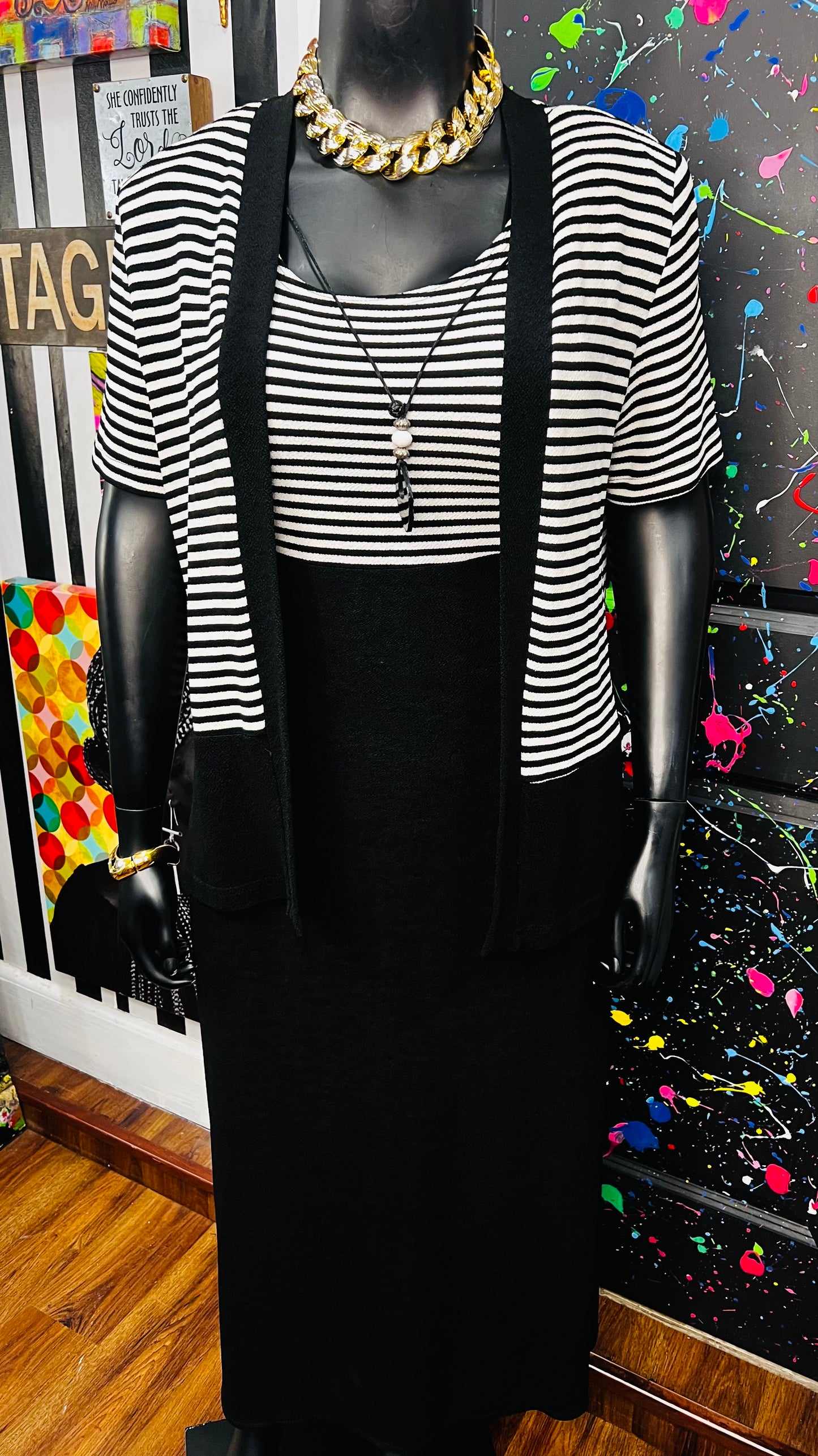 Vintage Black & White Striped Dress Set - Stretchy & Comfy (14)