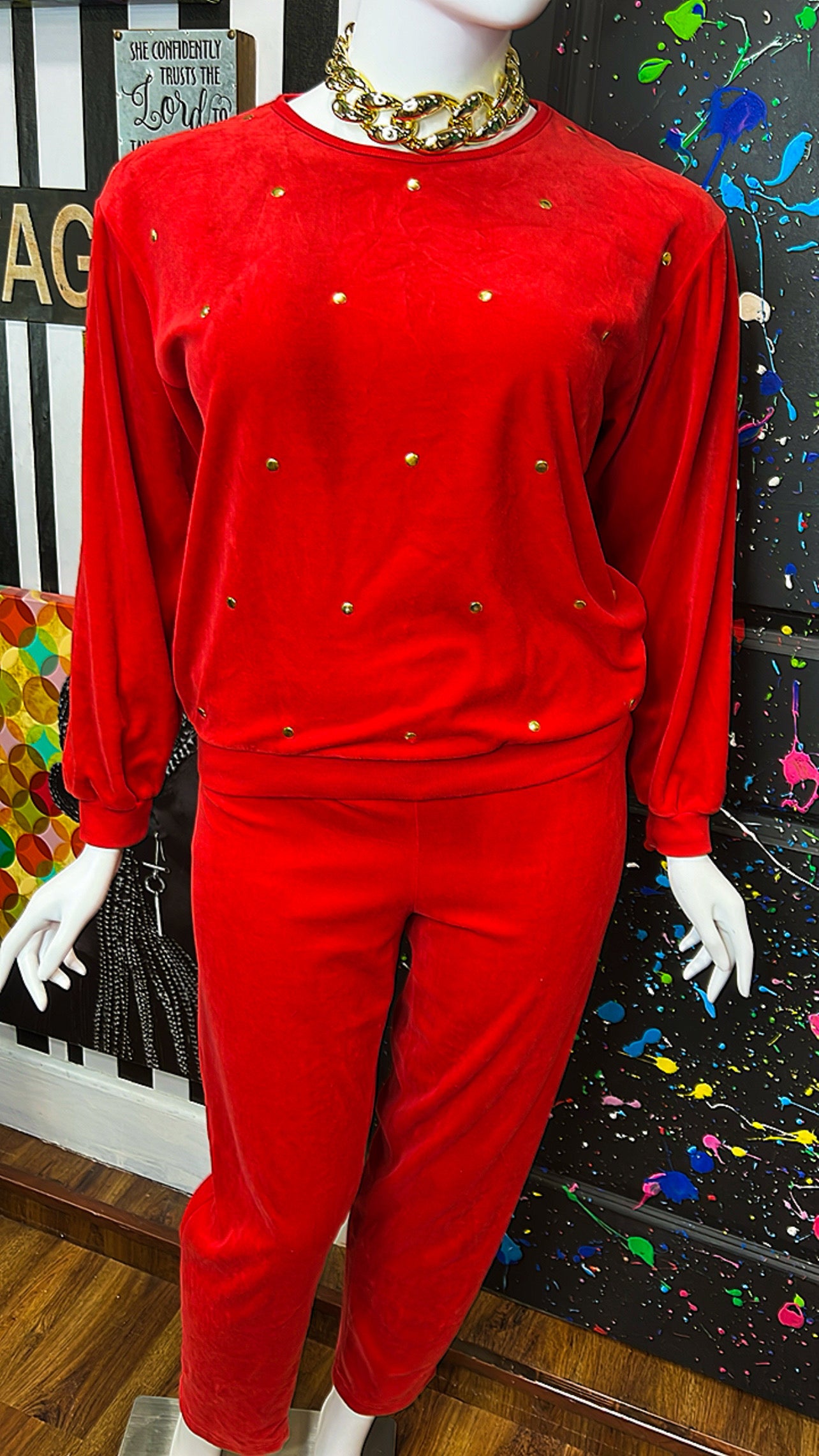 Vintage Red Studded Pants Velour Set (18)