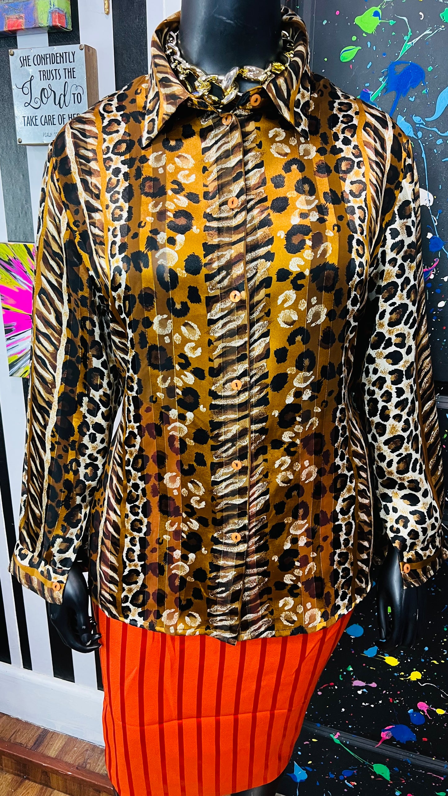 Vintage Animal Print Semi Sheer Blouse (22W)