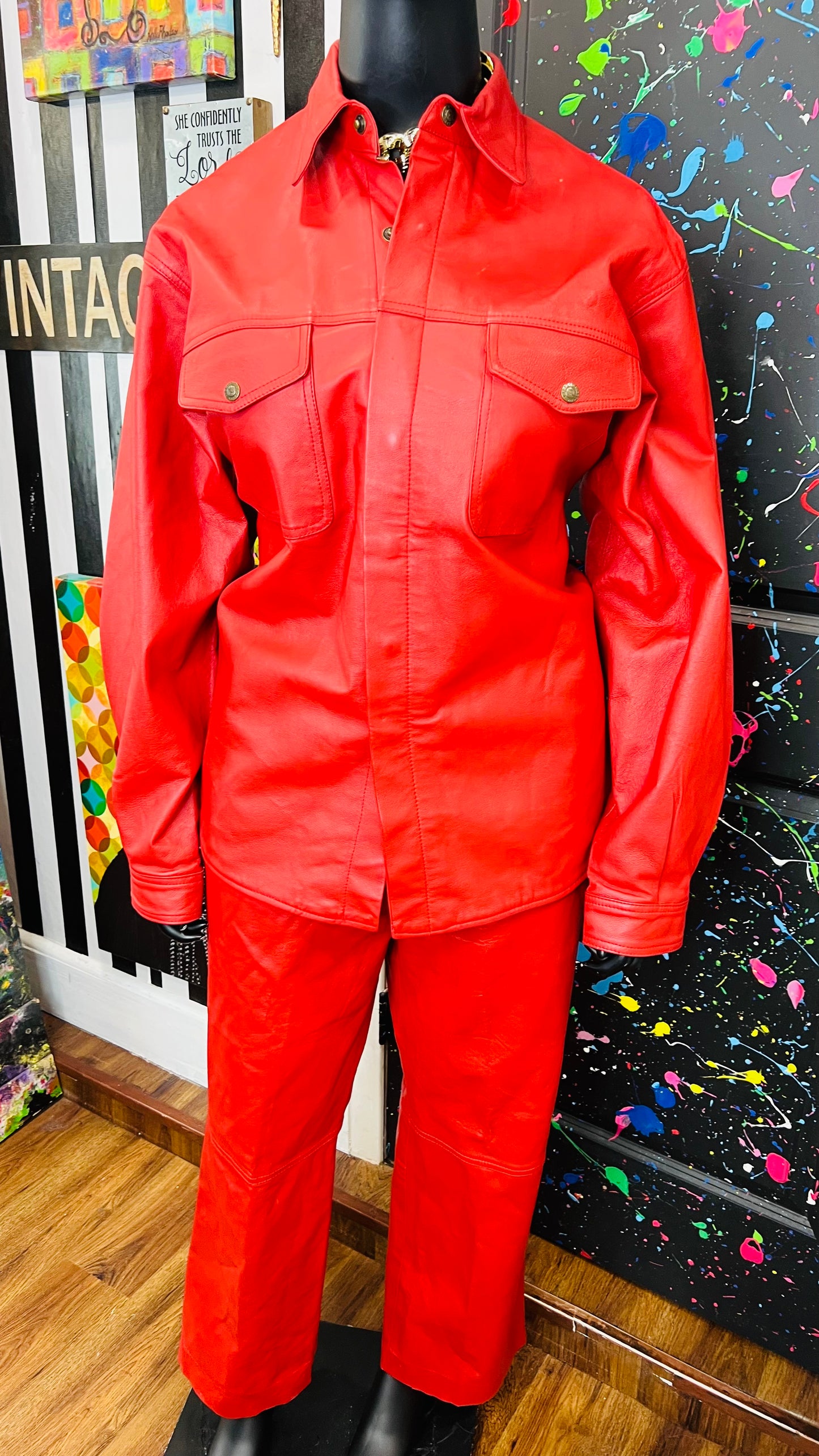 Vintage Red Genuine Leather Pants Set (16/18)