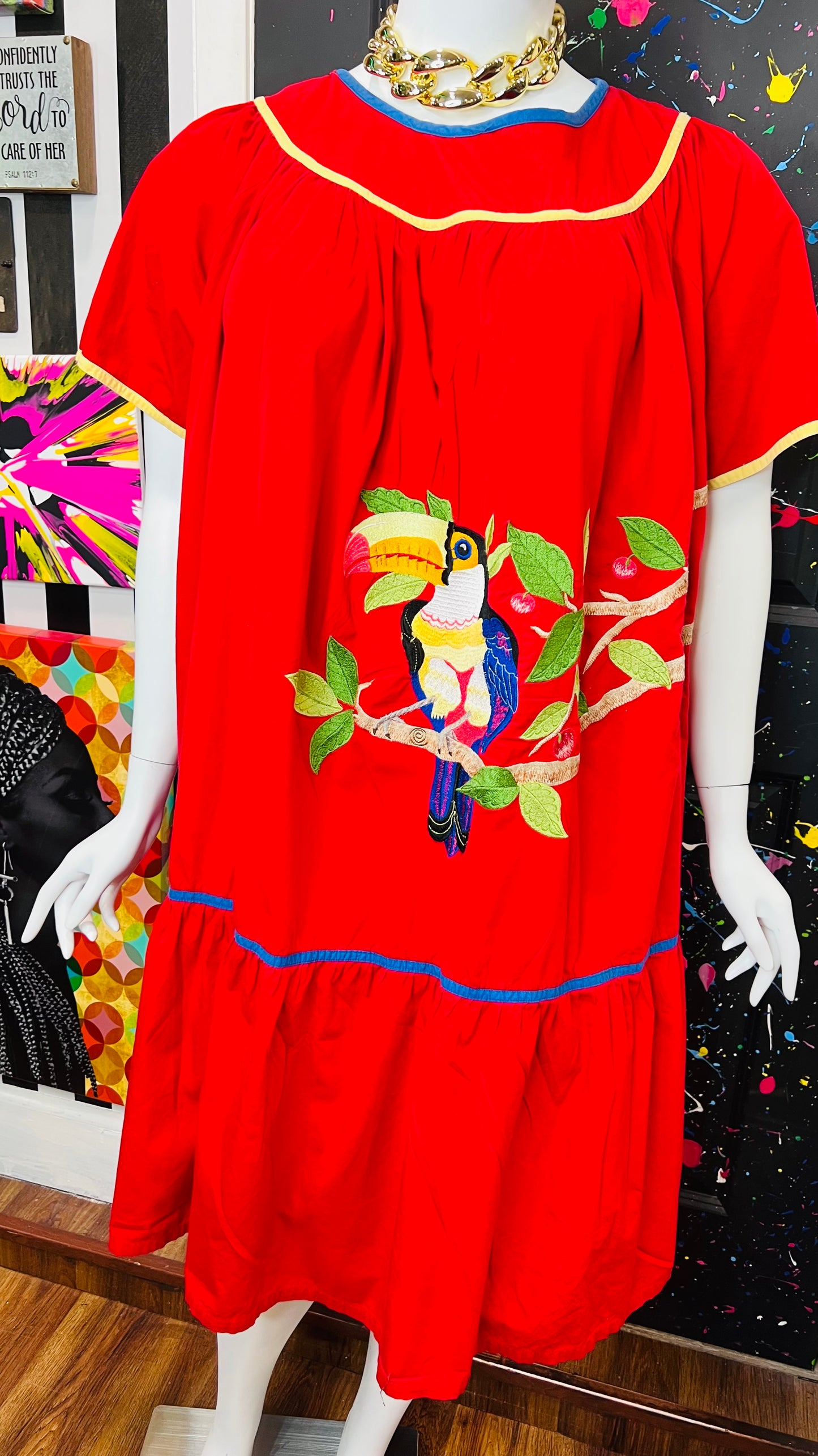 Vintage Cotton Red Parrot House Dress w/Pockets (22/24)