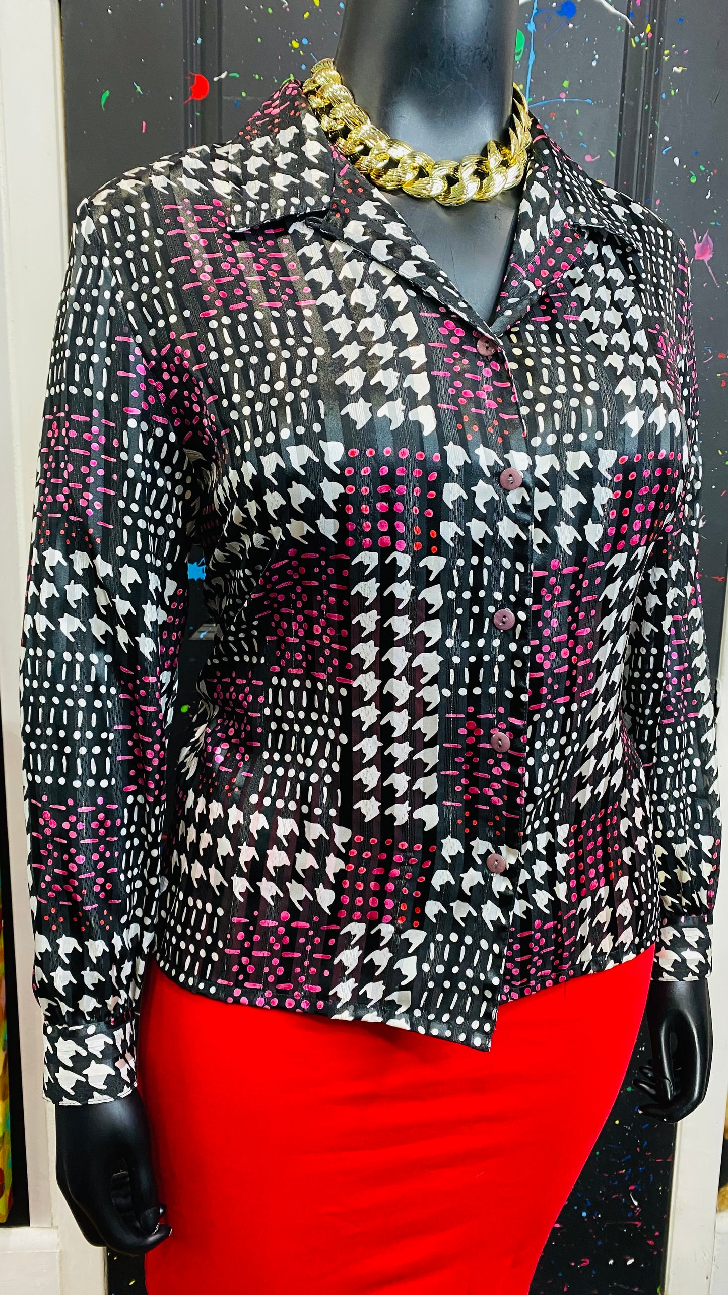 Vintage Sheer Pink Black & White Blouse (18)