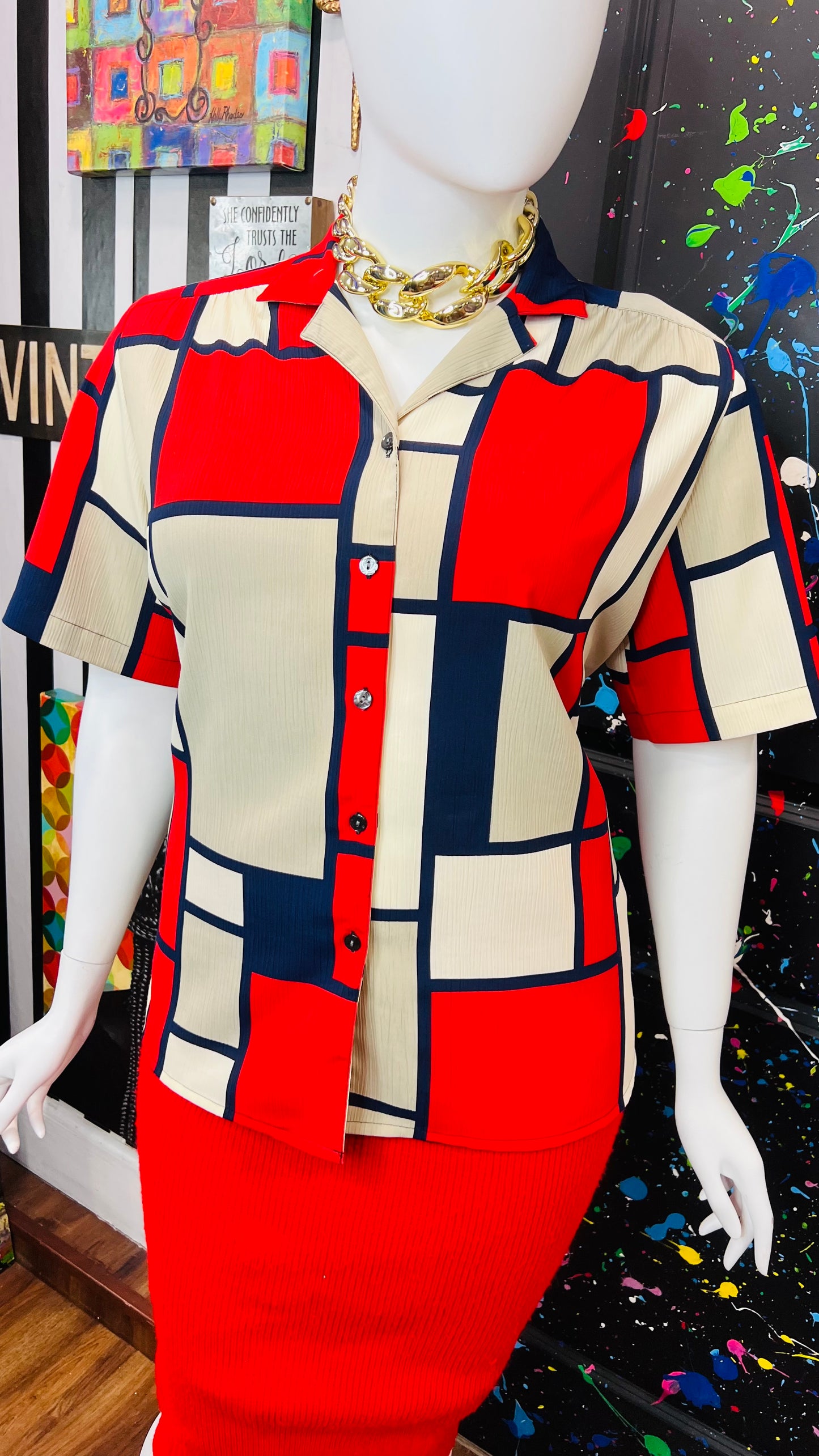 Vintage Navy Blue, Red & Cream Block Blouse (18W)