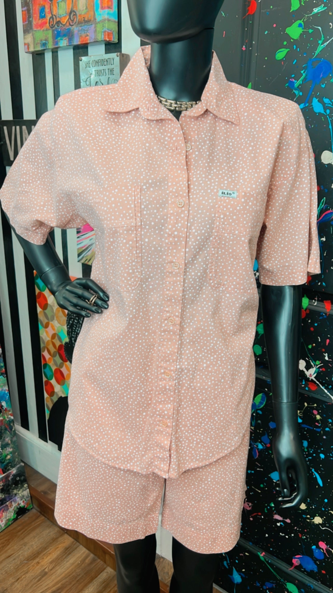 Vintage Blush Pink Polka Dot & White Shorts Set (12)