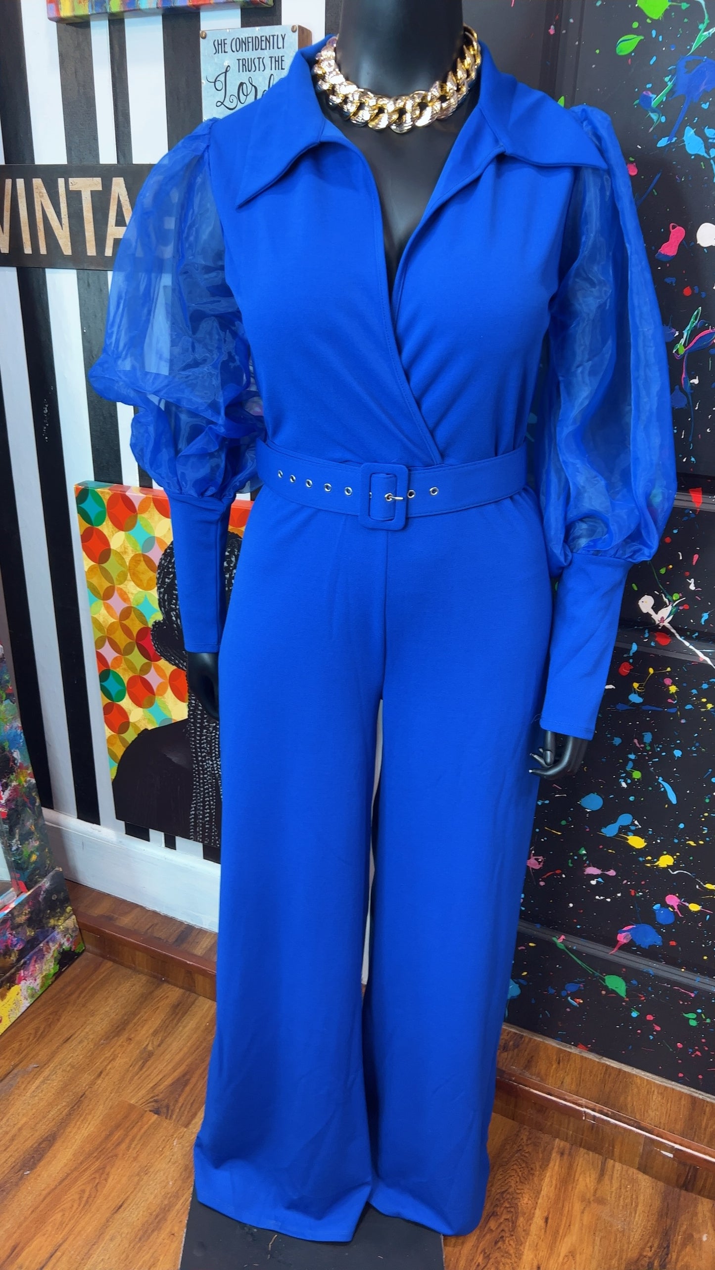 Cobalt Blue Sheer Arms Jumpsuit -New w/ Tags (14/16)