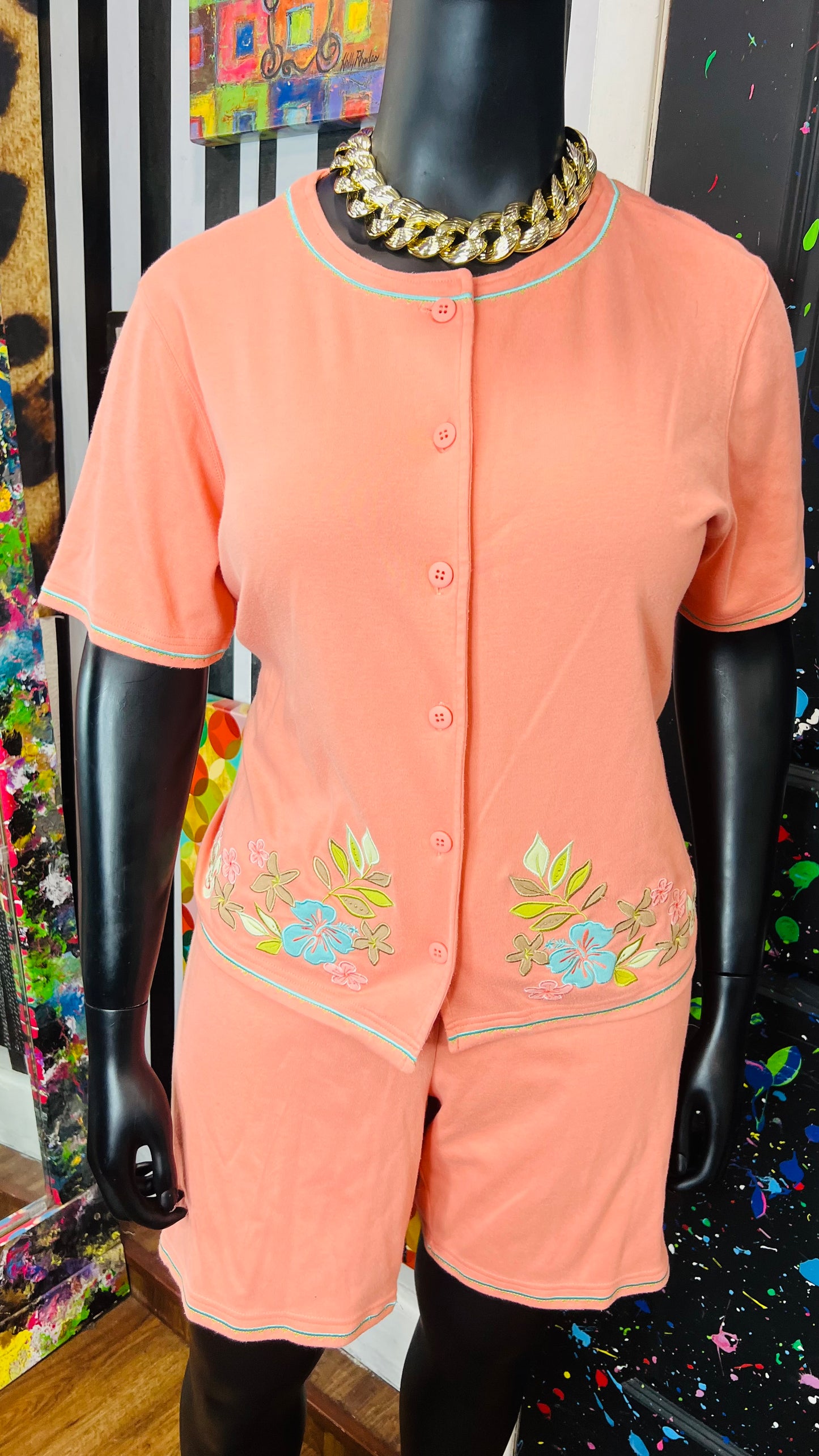 Vintage Cotton Floral Peach Shorts Set (18)