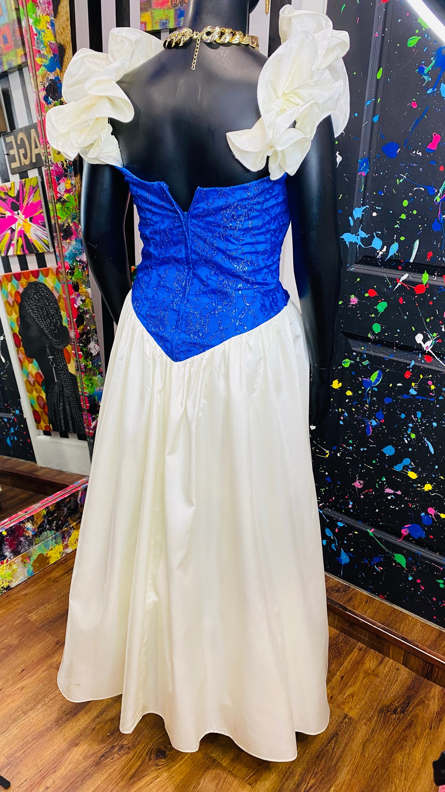Vintage Blue & Off White Wedding Gown (18) Fits Like a Modern 12/14