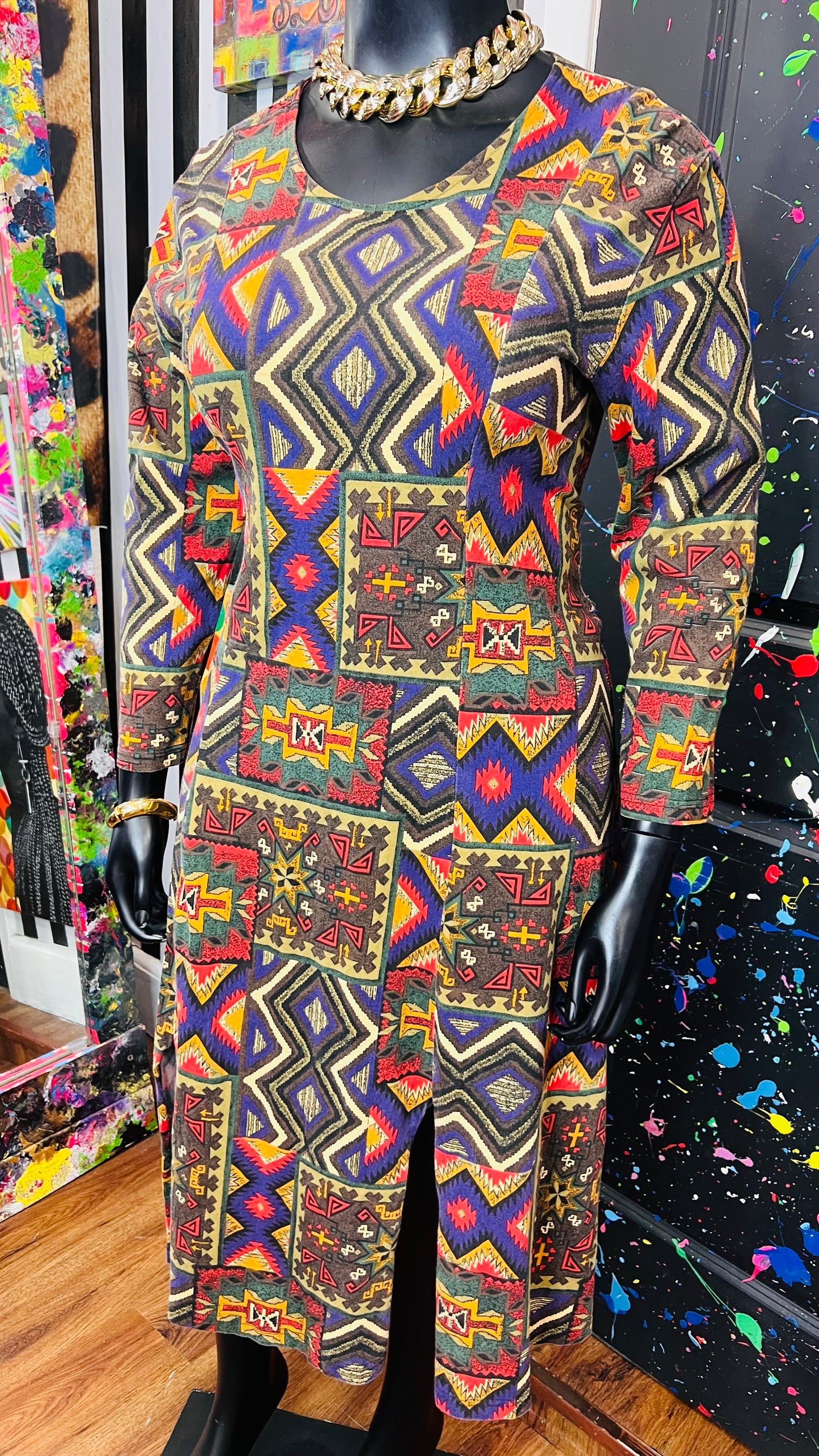 Vintage Cotton Tribal Print Dress (12/14)