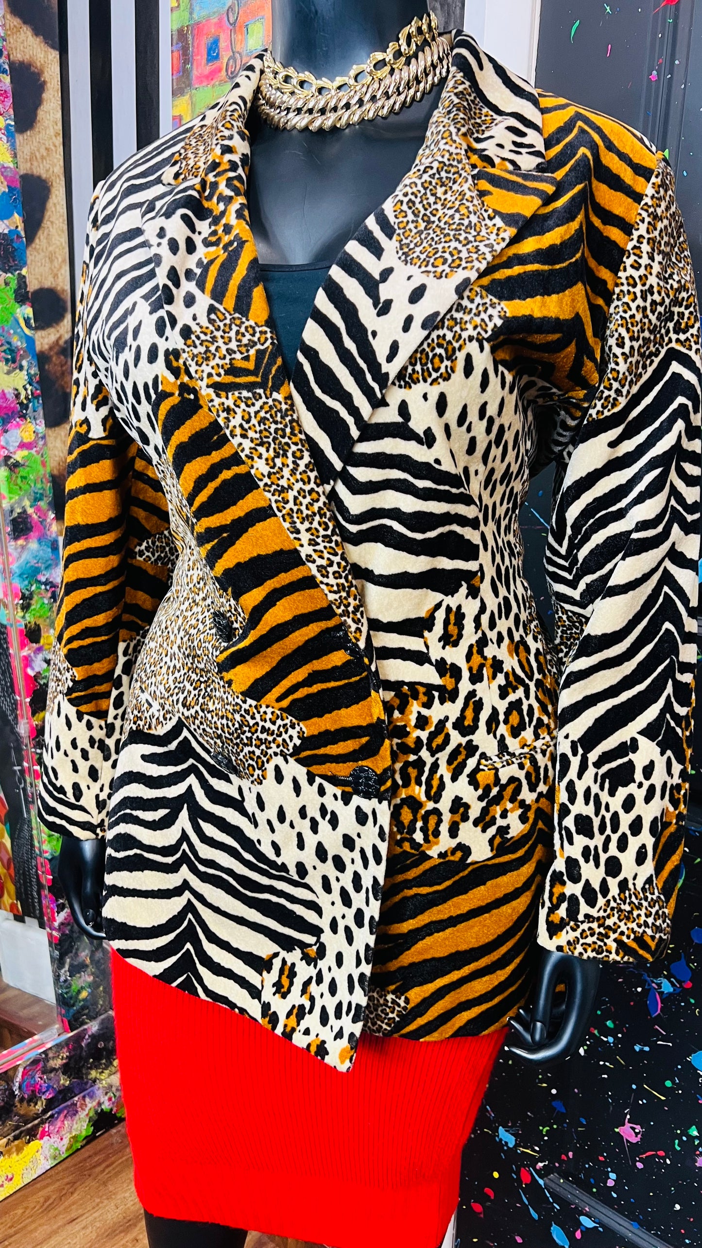 Vintage Faux Fur Mix Animal Print Double Breasted Blazer
(20W)