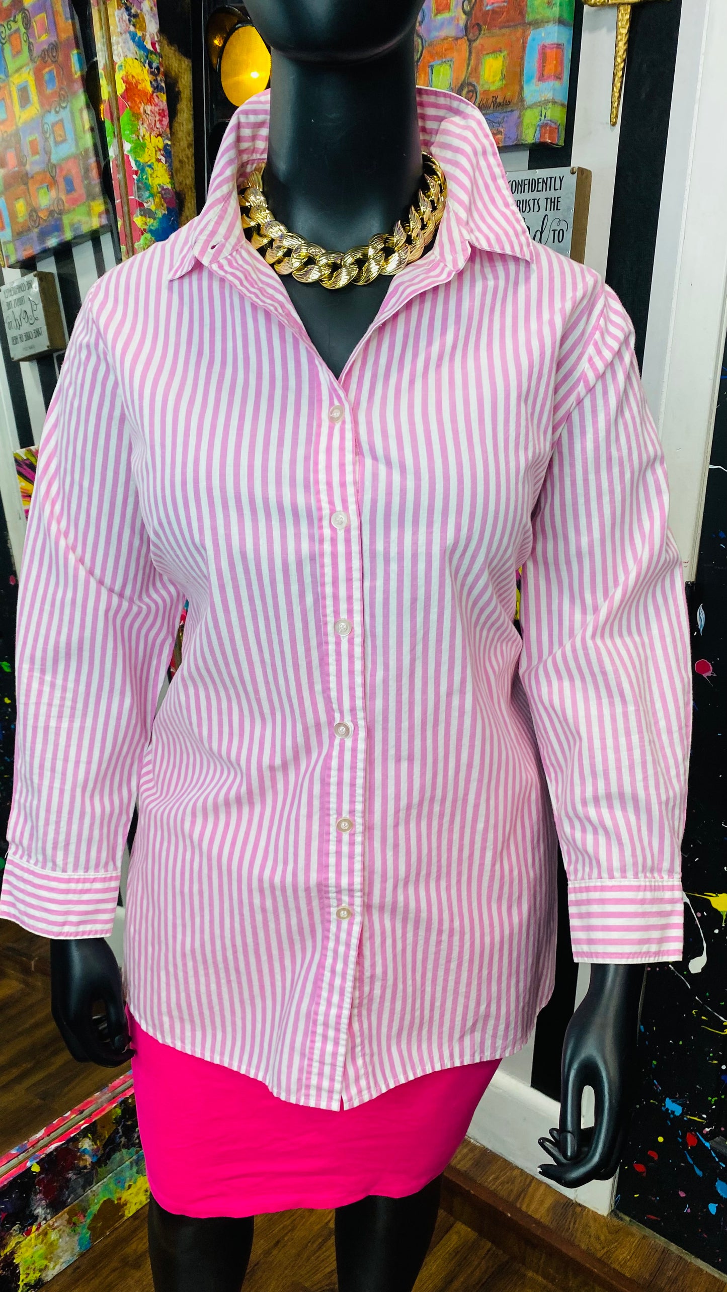 Plus Size Vintage Pink & White Striped Blouse (22)