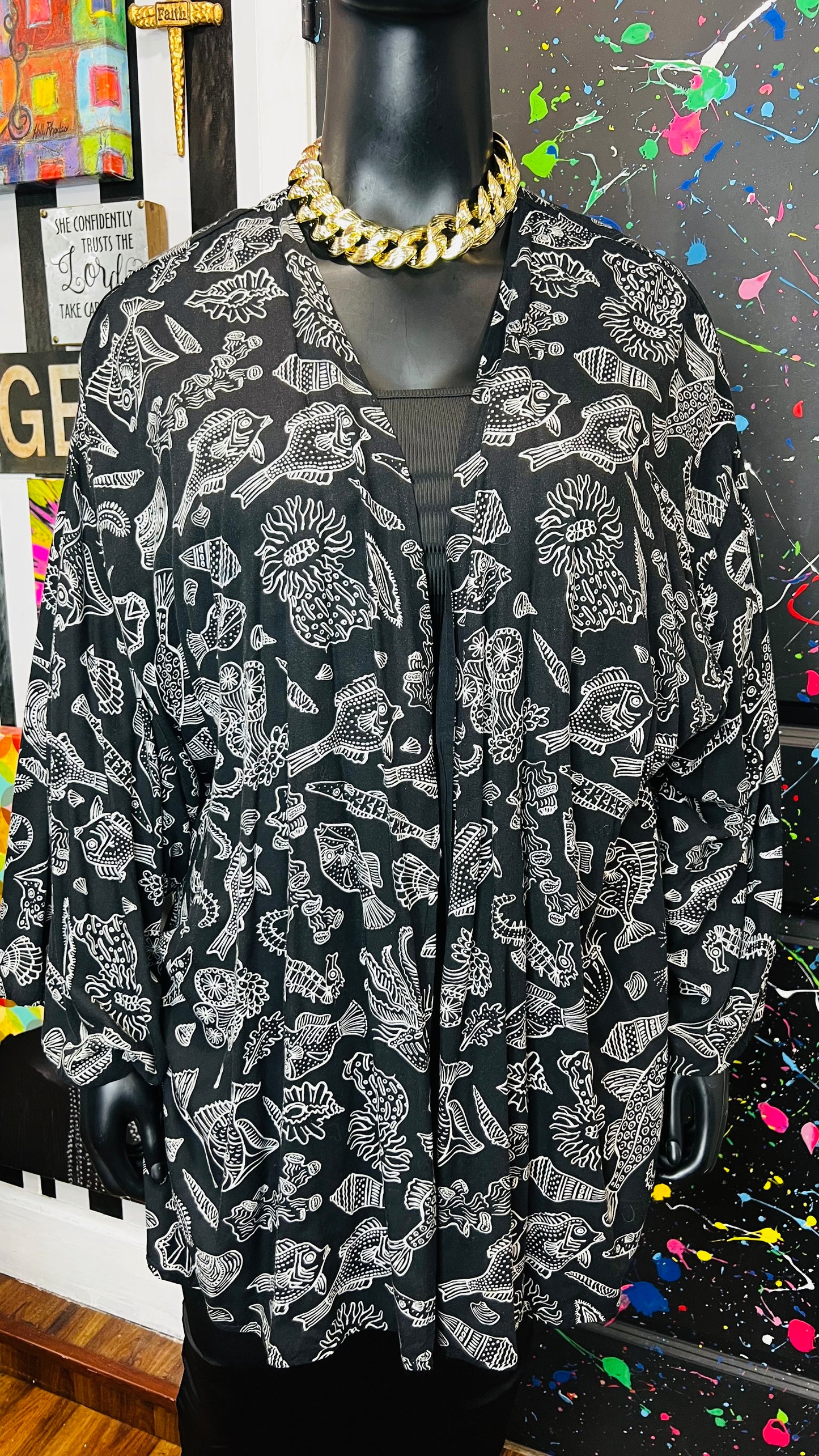 Vintage Fish Black & White Rayon Duster (OS)