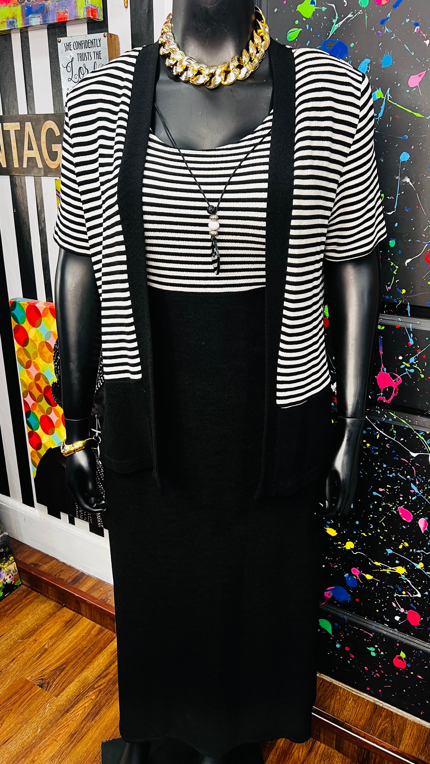 Vintage Black & White Striped Dress Set - Stretchy & Comfy (14)