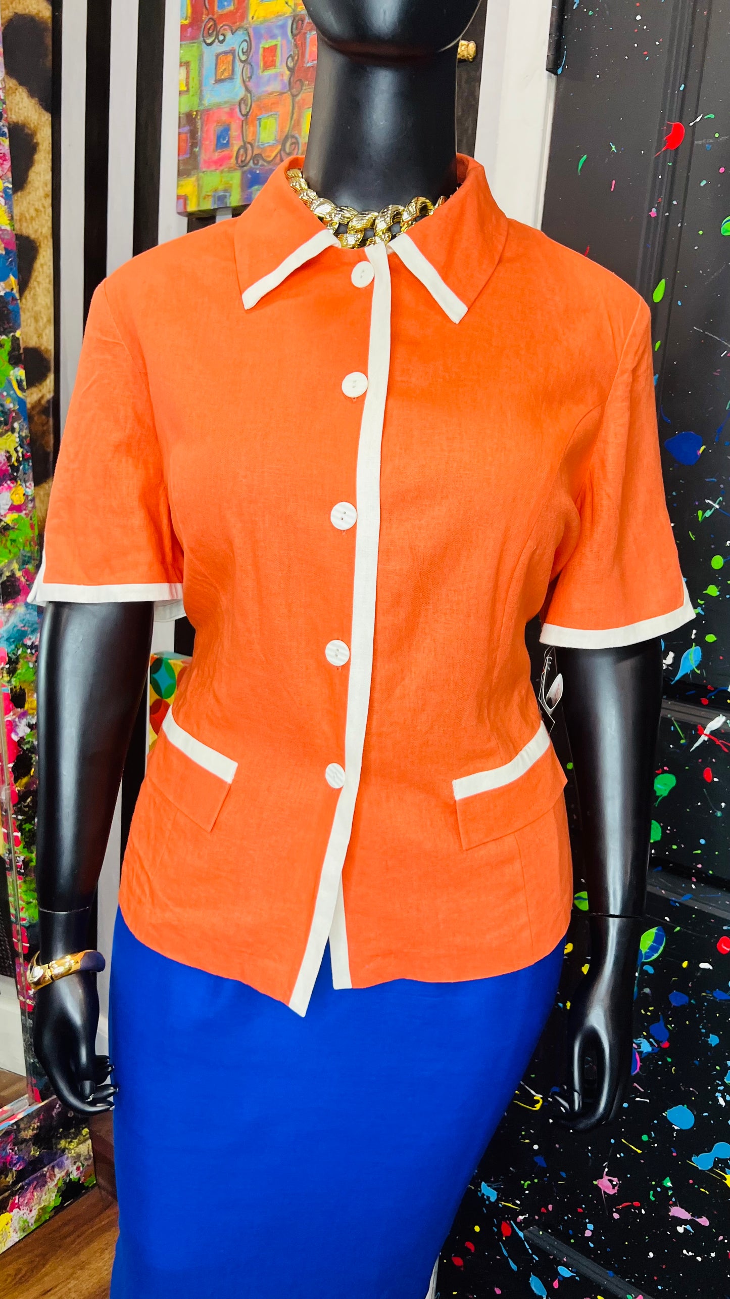 Vintage Deadstock Orange & White Blazer Blouse (20W)