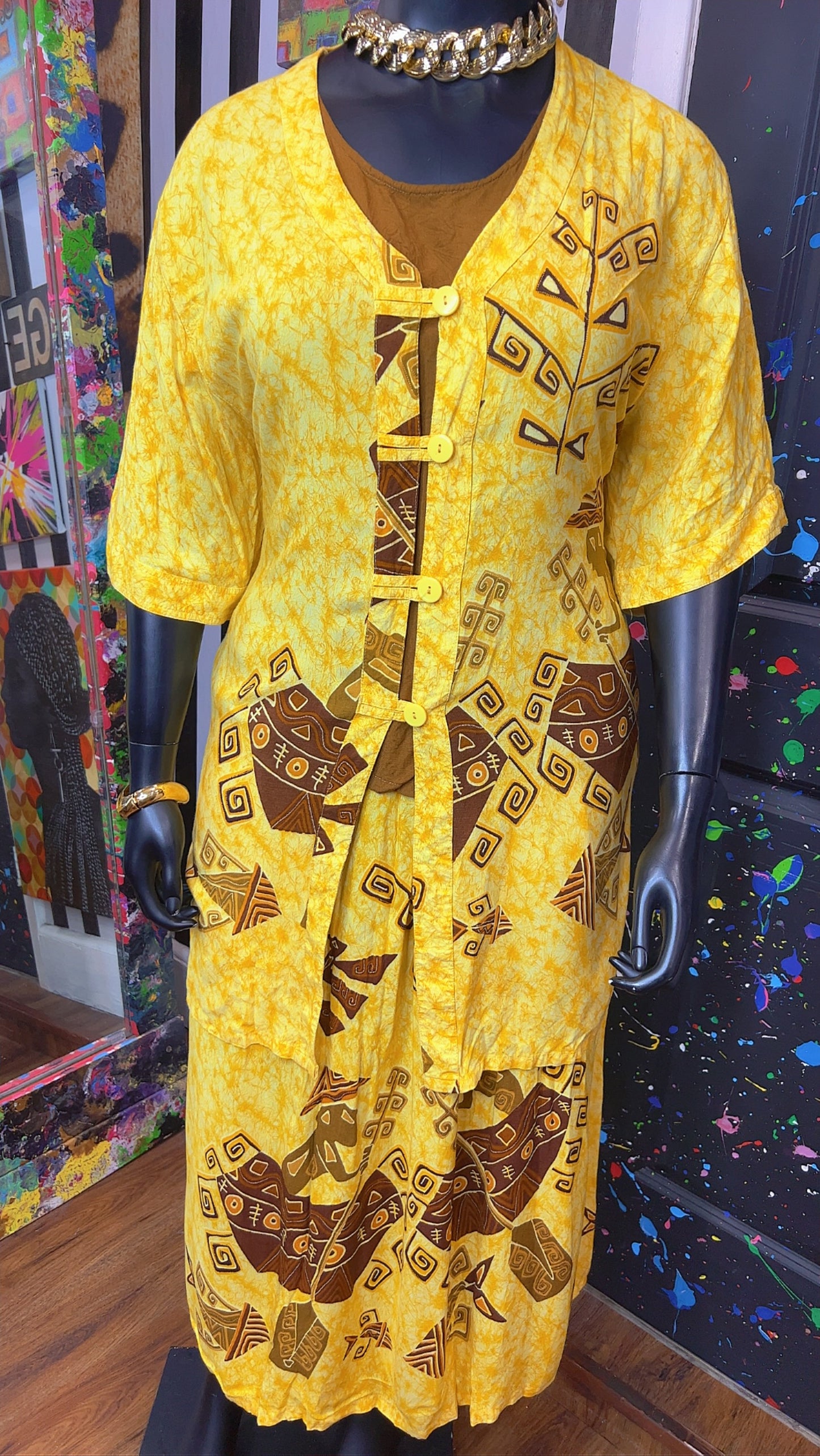 Vintage Rayon Tribal Yellow Skirt Set (18)