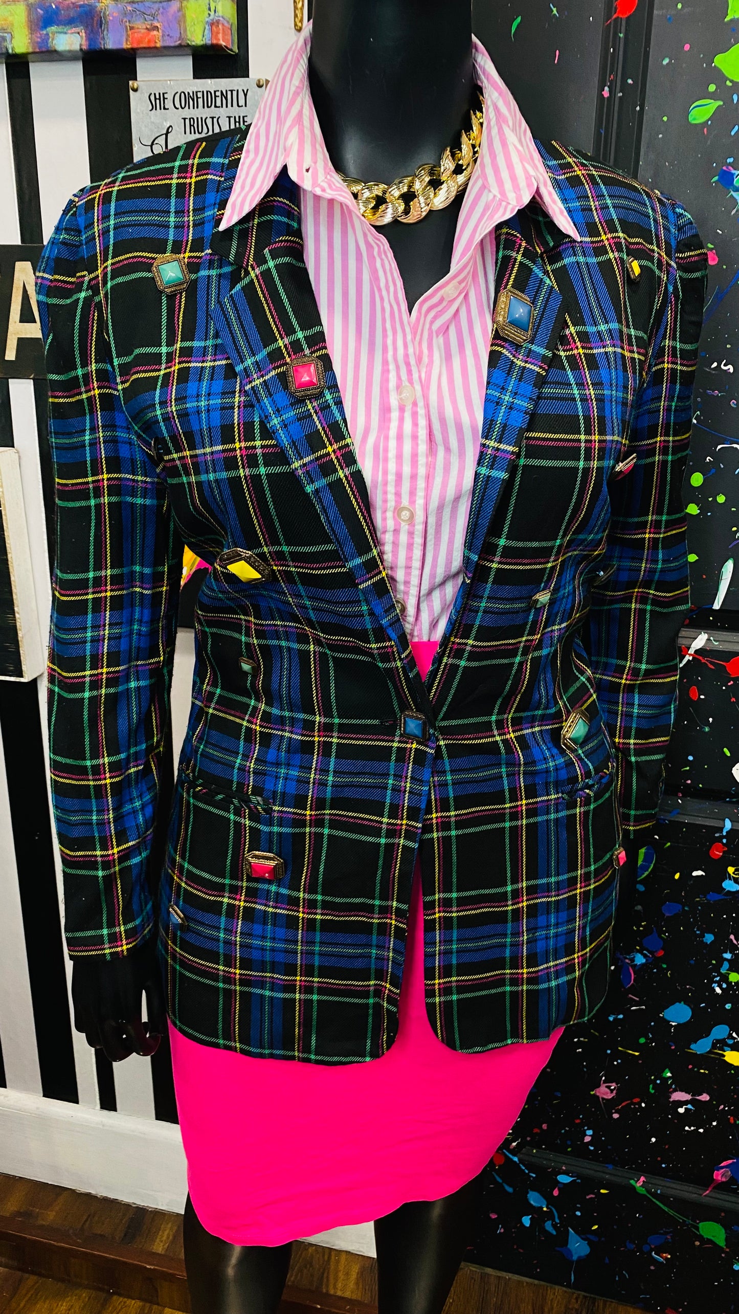 Plus Size Vintage Plaid Button Blazer (14)