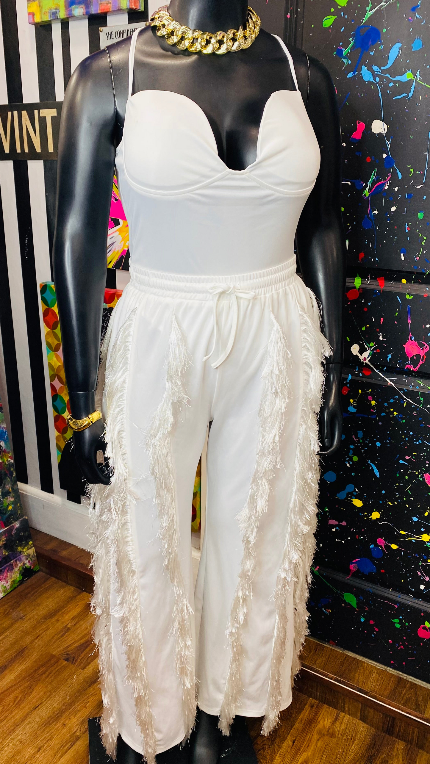 New w/ Tags White Fringe Body Suit & Pants (16)