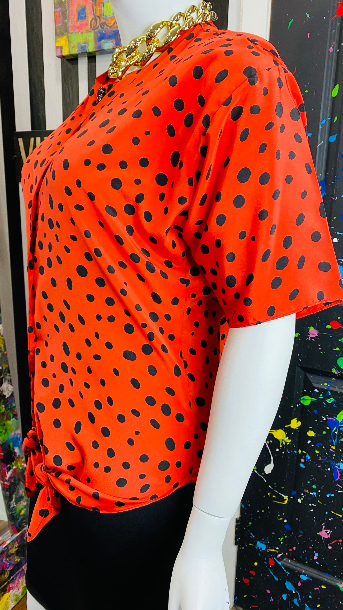 Vintage Tie Front Red & Black Polka Dot Blouse (18)