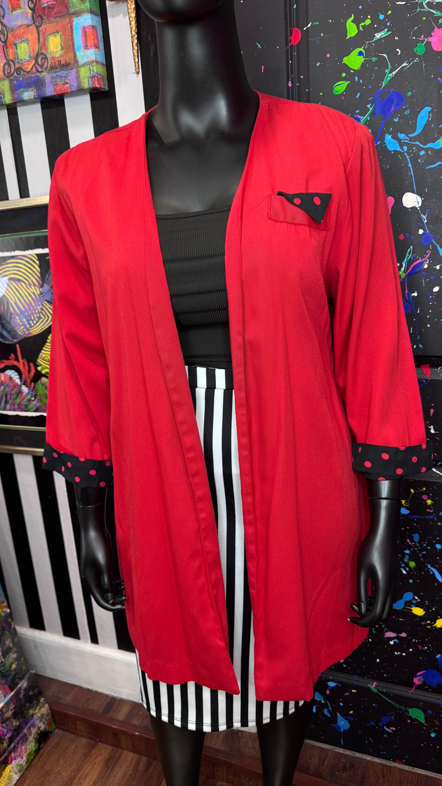 Vintage Red & Black Polka Dot Accent Open Duster (22)
