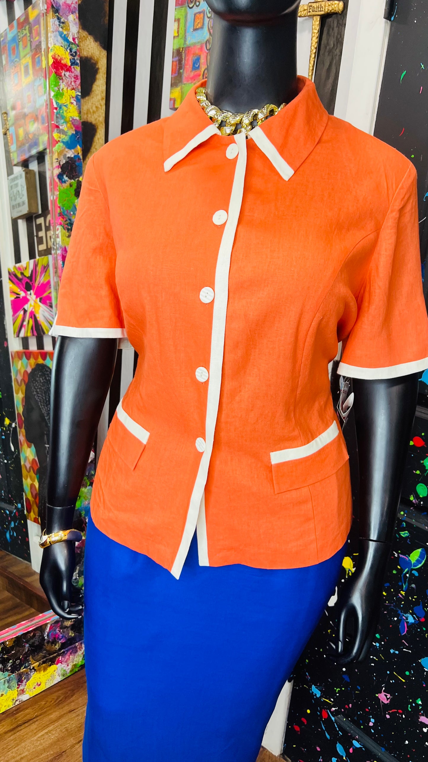 Vintage Deadstock Orange & White Blazer Blouse (20W)