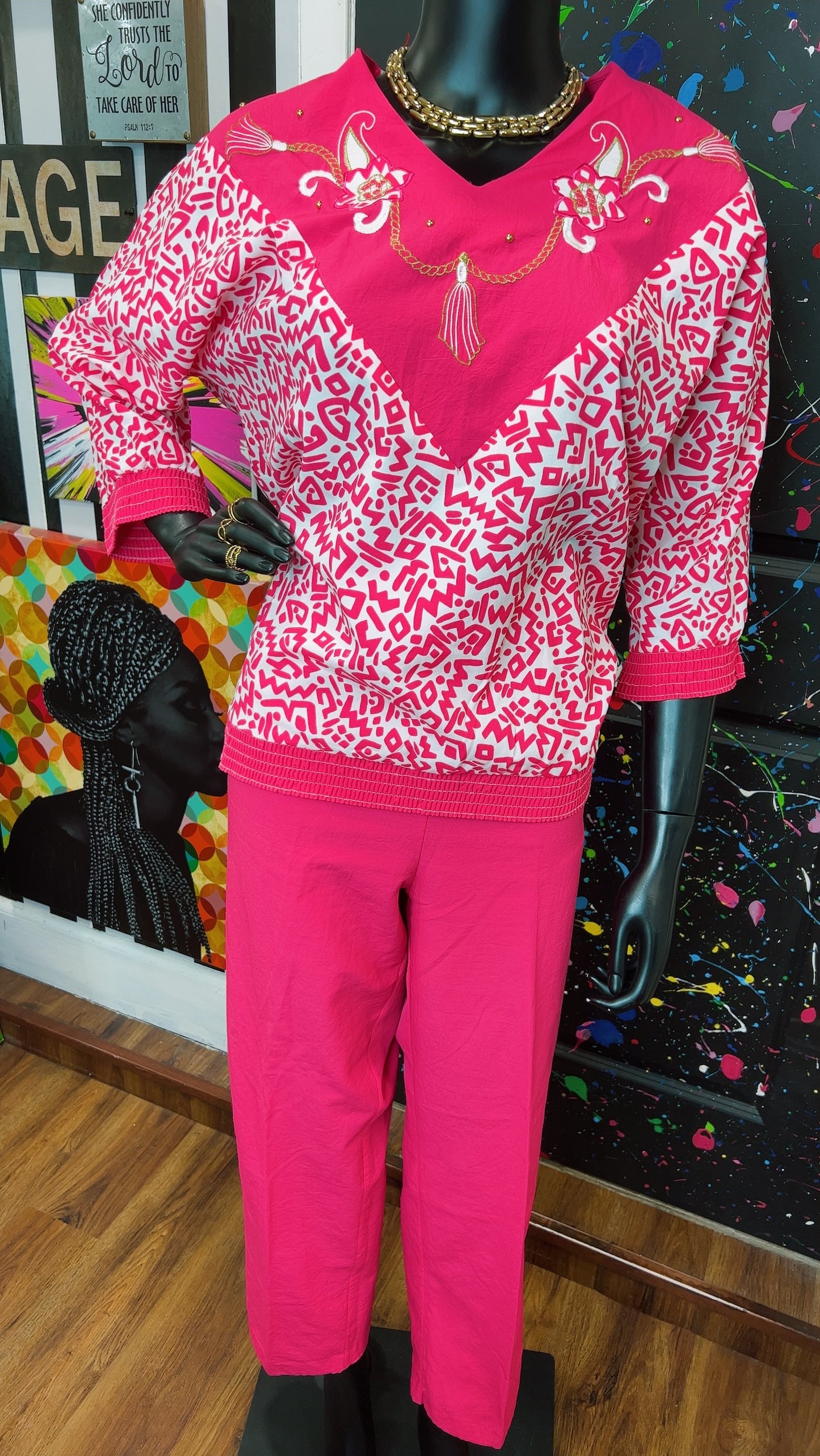 Vintage Pink & White Bonnie Pants Set (12/14)