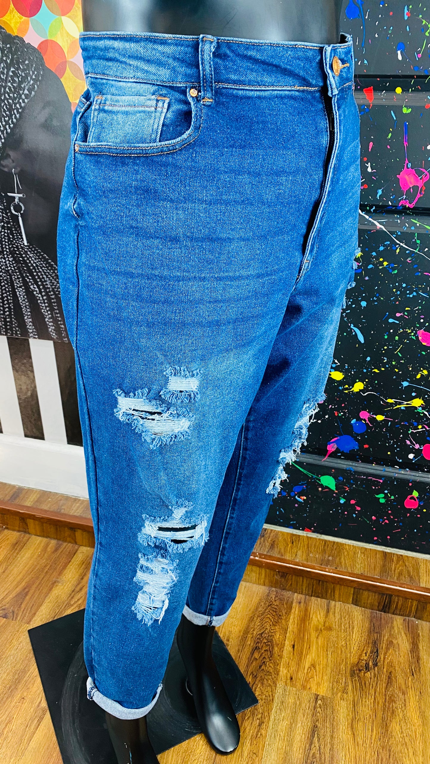 Boyfriend Jean Distressed Blue Jeans
