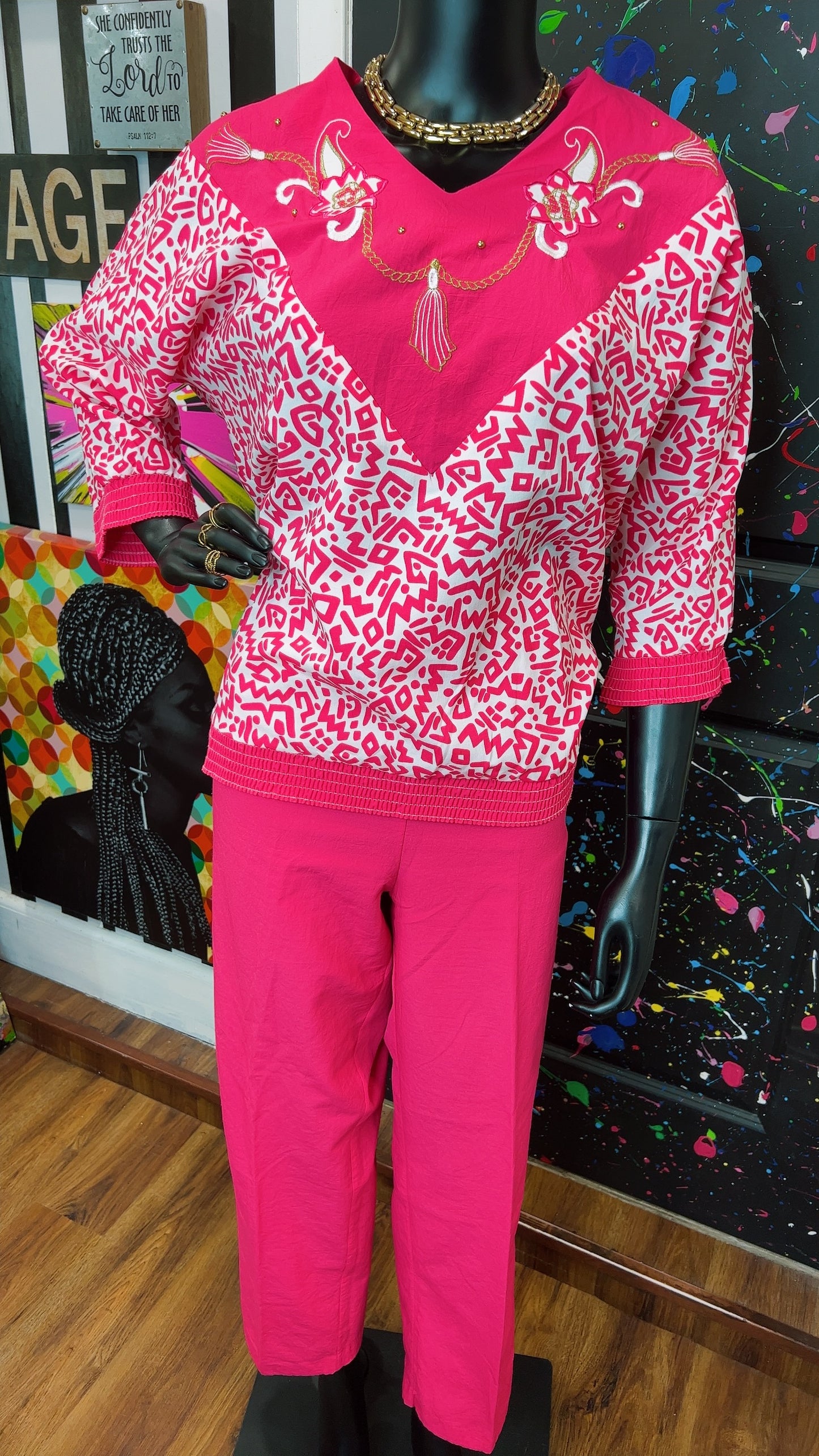 Vintage Pink & White Bonnie Pants Set (12/14)