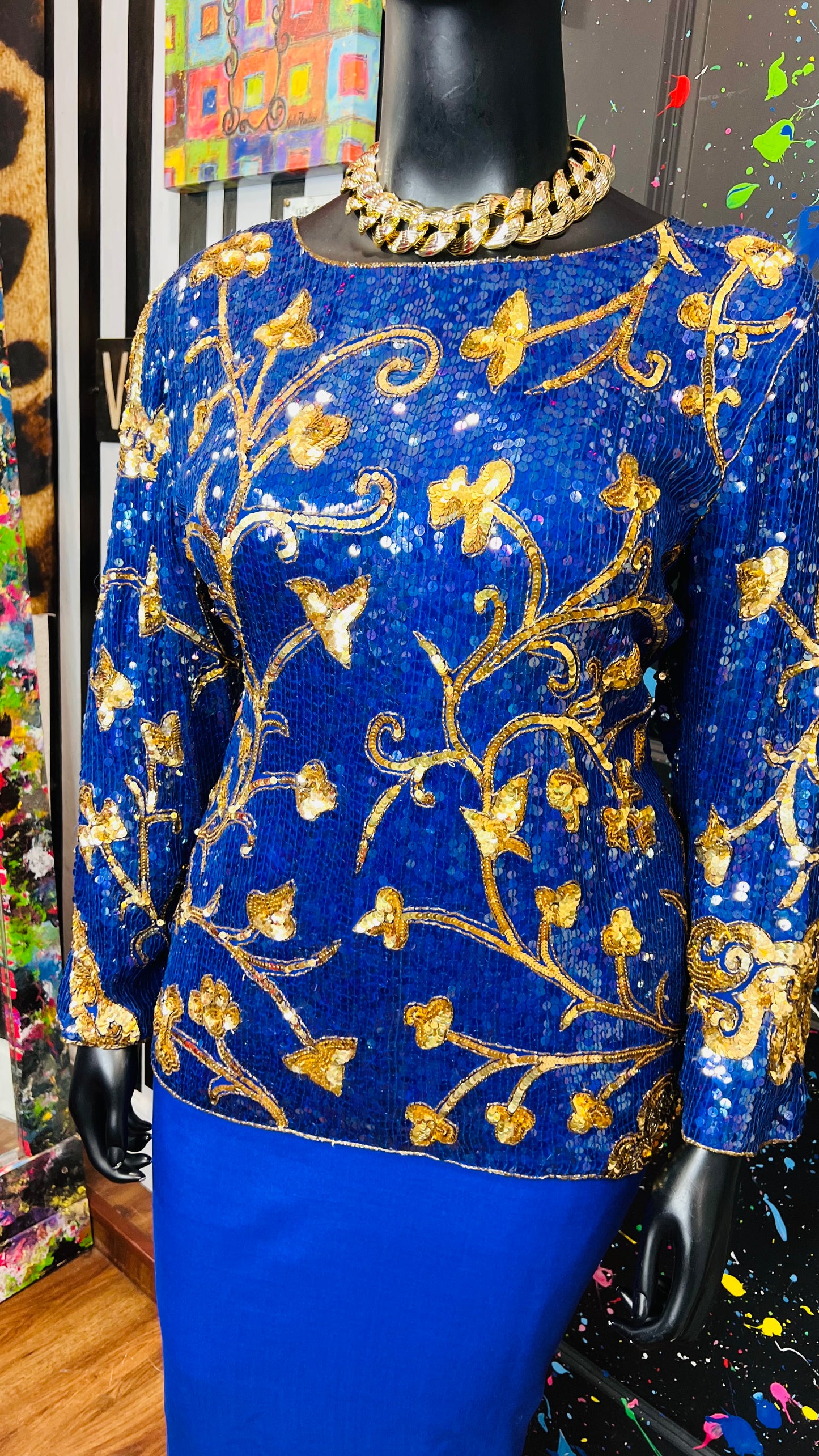 Vintage Blue & Gold Sequin Blouse (14)