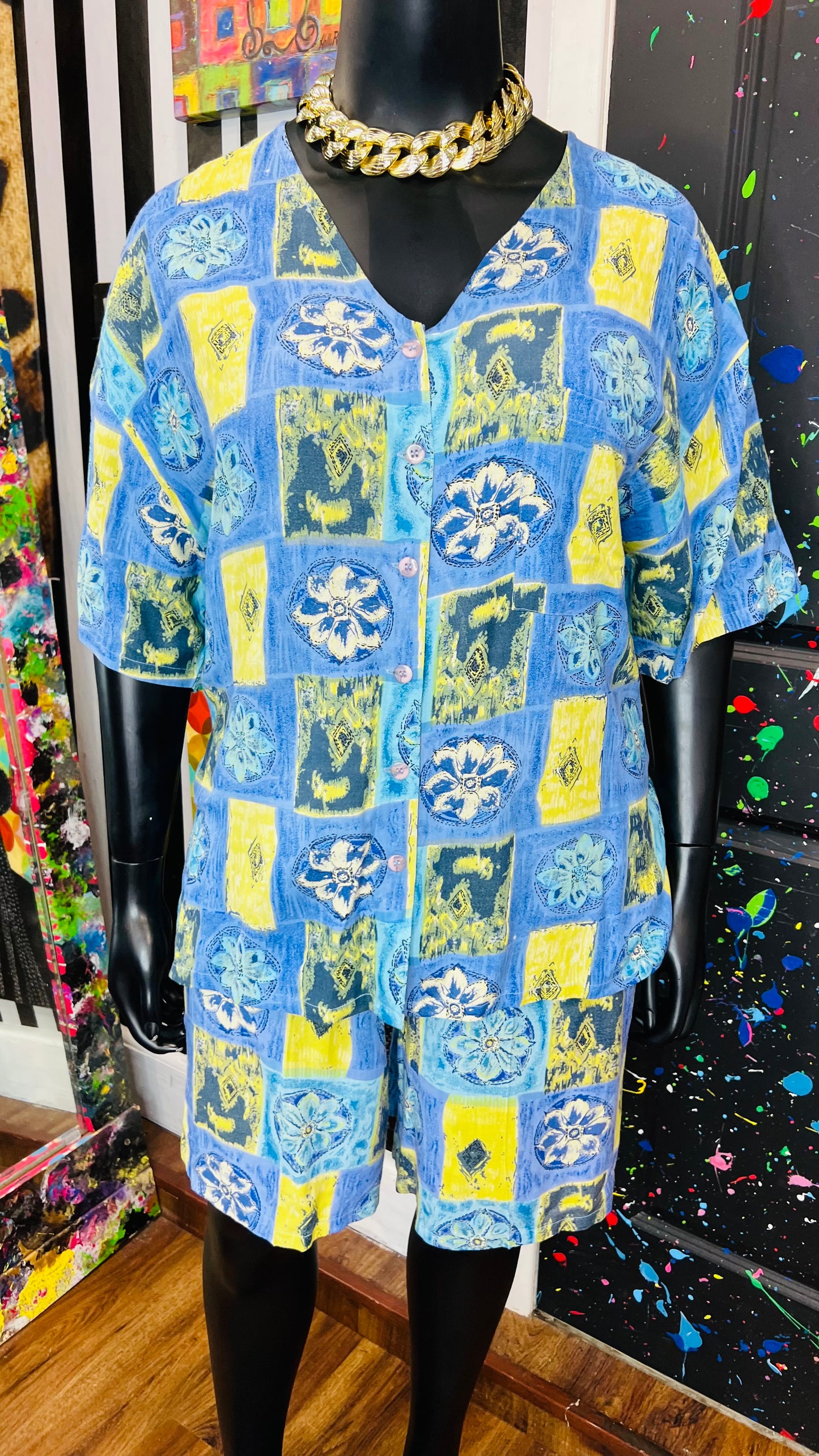 Vintage Rayon Abstract Shorts Set w/ Drawstring Waist (20)