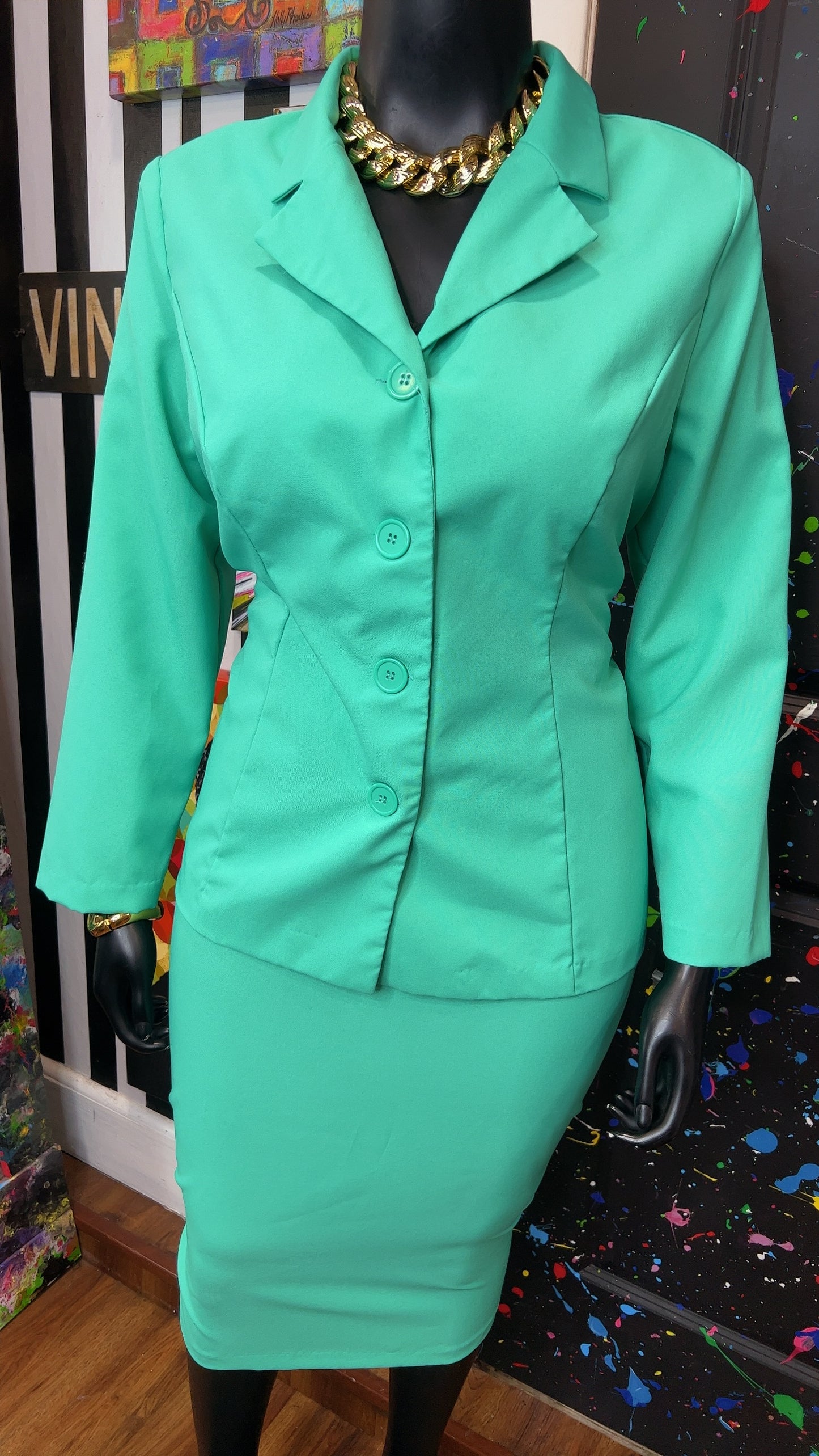 Vintage Teal Skirt & Blazer Suit (20W)